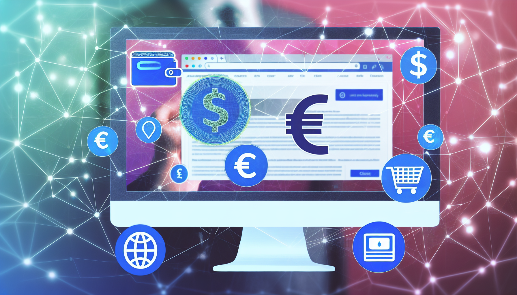 Erstellen Sie eine Illustration, die das Konzept des "Online-Geldverdienens mit Affiliate-Marketing" symbolisiert. Stellen Sie sich einen Computerbildschirm vor, der eine Übersicht über eine Website zeigt, mit Spuren von Währungen, vielleicht Dollar- und Eurozeichen, die die Einnahmen darstellen. Überlagern Sie ein Netzwerk von Linien oder einem Netz, das verschiedene Symbole verbindet und die vernetzte Natur des Affiliate-Marketings zeigt. Vergessen Sie nicht, einige verwandte Symbole wie ein Verkaufsetikett, einen Einkaufswagen oder ein Klick-Symbol einzufügen.