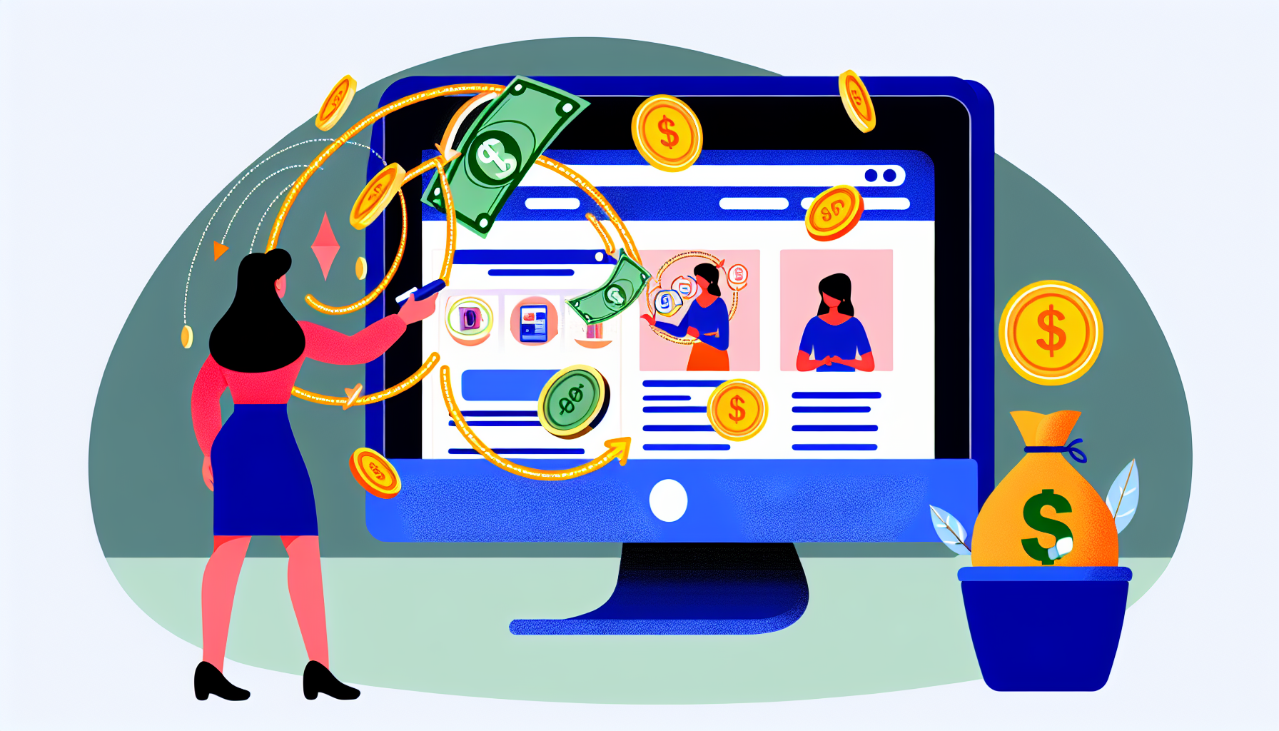 Eine illustrierte Szene, die das Konzept des Geldverdienens online durch Affiliate-Marketing darstellt. Sie könnte einen Computer zeigen, der eine Website zur Förderung verschiedener Produkte anzeigt. Neben dem Computer analysiert eine Frau südasiatischer Abstammung die Daten der Website auf einem großen Bildschirm und umkreist potenziell profitable Artikel mit einem digitalen Stift. Künstliche Münzen oder Dollar-Scheine fließen vom Computerbildschirm in eine digitale Brieftasche, was das verdiente Einkommen symbolisiert. Die Atmosphäre der Umgebung sollte professionell und effizient wirken.