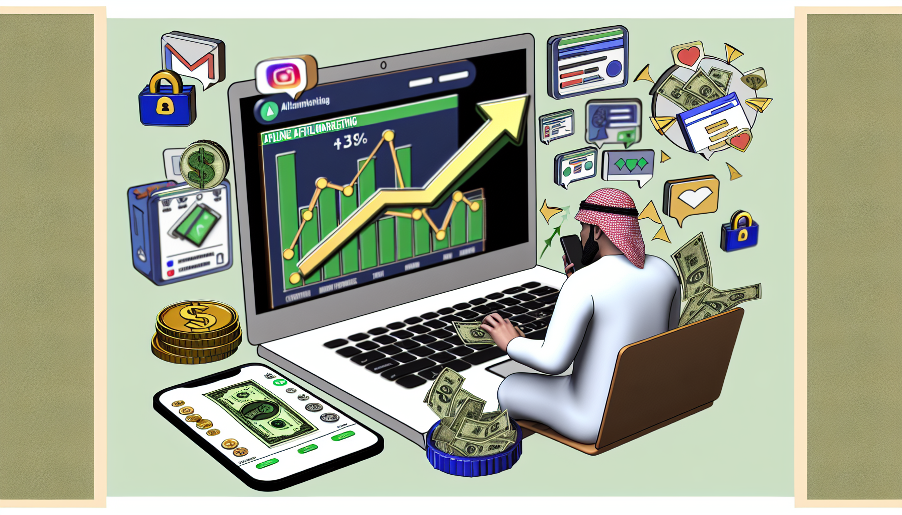 Eine detaillierte Illustration verschiedener Elemente, die mit Online-Affiliate-Marketing verbunden sind. Sie zeigt einen Laptop, der ein Diagramm mit steigenden Einnahmen anzeigt, ein Smartphone mit zahlreichen Anwendungs-Icons und mehrere Pfeile, die den Fluss des digitalen Verkehrs zwischen verschiedenen Websites darstellen. Bilder von Bargeld und Goldmünzen symbolisieren das Geldverdienen. Außerdem ist eine Person mit mittlerer östlicher Abstammung, männlich, abgebildet, die vertieft den Fortschritt auf ihrem Computerbildschirm überwacht, was das Konzept des Geldverdienens online suggeriert.