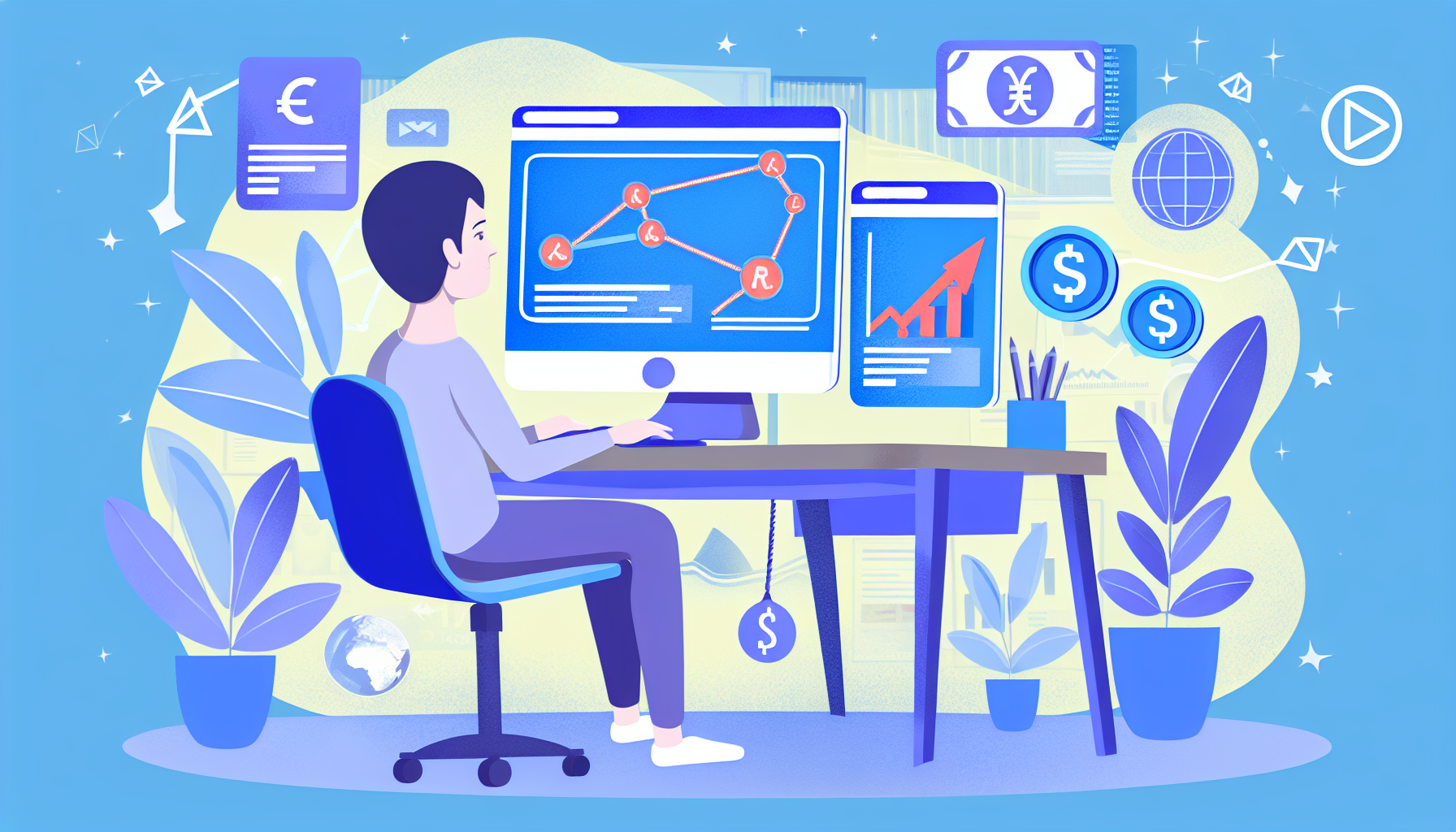 Eine digitale Illustration, die das Konzept des Geldverdienens online durch Affiliate-Marketing darstellt. Die Szene könnte einen modernen Arbeitsplatz umfassen, an dem ein Computer ein Dashboard einer Website zeigt, das Referral-Links und deren Einnahmen verfolgt. Außerdem könnte ein kaukasischer Mann am Schreibtisch sitzen, der begeistert an Marketingstrategien arbeitet. In der Nähe sehen wir ein Diagramm, das einen Anstieg der Gewinne zeigt. Symbole wie Währungen, Weblinks und eine Weltkarte könnten eingebettet werden, um die globale Natur des Online-Verdienens darzustellen. Der Stil sollte zeitgenössisch sein, mit hellen und lebendigen Farben, die die positiven Aspekte der Online-Arbeit widerspiegeln.