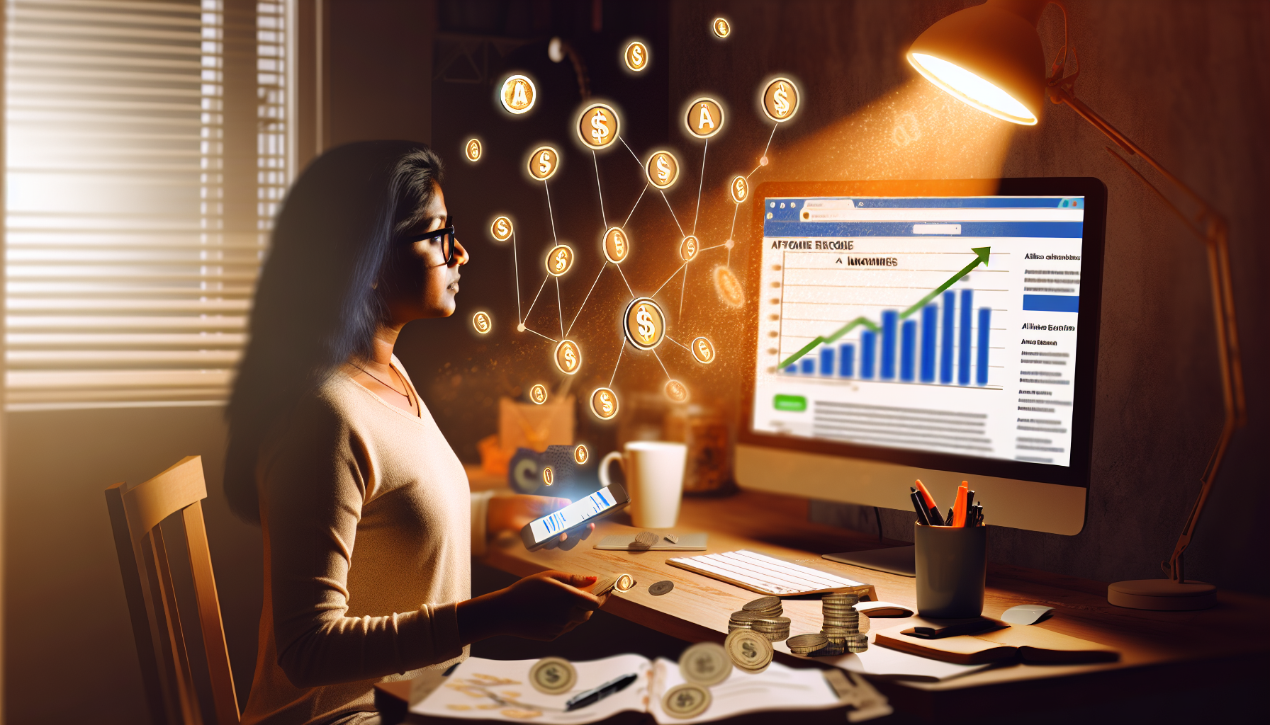 Ein digitales Kunstwerk, das das Konzept des Geldverdienens online durch Affiliate-Marketing zeigt. Das Bild zeigt eine junge südasiatische Frau an ihrem Computer an ihrem Schreibtisch im Homeoffice. Auf ihrem Computerbildschirm ist ein Diagramm zu sehen, das einen Anstieg des Einkommens anzeigt, sowie Weblinks, die Affiliate-Verbindungen repräsentieren. Auf dem Schreibtisch sind eine Kaffeetasse, einige Stifte, ein Notizblock voller Strategien und ein Smartphone, das eine Einkommensverfolgungs-App anzeigt, verstreut. Das Licht der warmen Schreibtischlampe filtert durch den Raum, während digitale Münzen herabfallen, was die Online-Einnahmen symbolisiert.