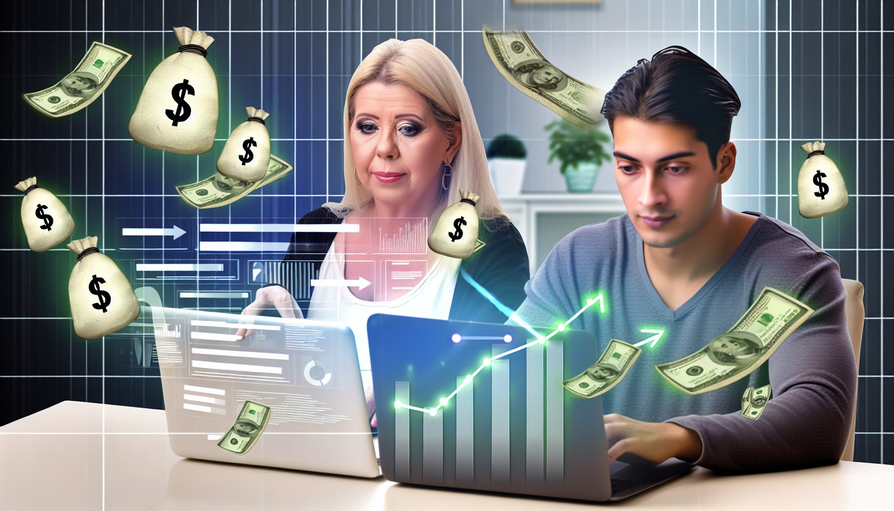 Ein Bild, das das Konzept des Geldverdienens online durch Affiliate-Marketing darstellt. In der Szene sitzen eine mittelalte kaukasische Frau und ein junger hispanischer Mann an ihren Schreibtischen und arbeiten an ihren Laptops. Ihre Bildschirme zeigen verschiedene Grafiken und Diagramme, die Fortschritt und Einnahmen anzeigen. In der Nähe schwebt ein Währungssymbol, wie Dollar-Scheine, um ihre Einnahmen zu verdeutlichen. Der Hintergrund könnte eine häusliche Umgebung sein, die symbolisiert, dass diese Arbeit im Komfort des eigenen Zuhauses erledigt werden kann.