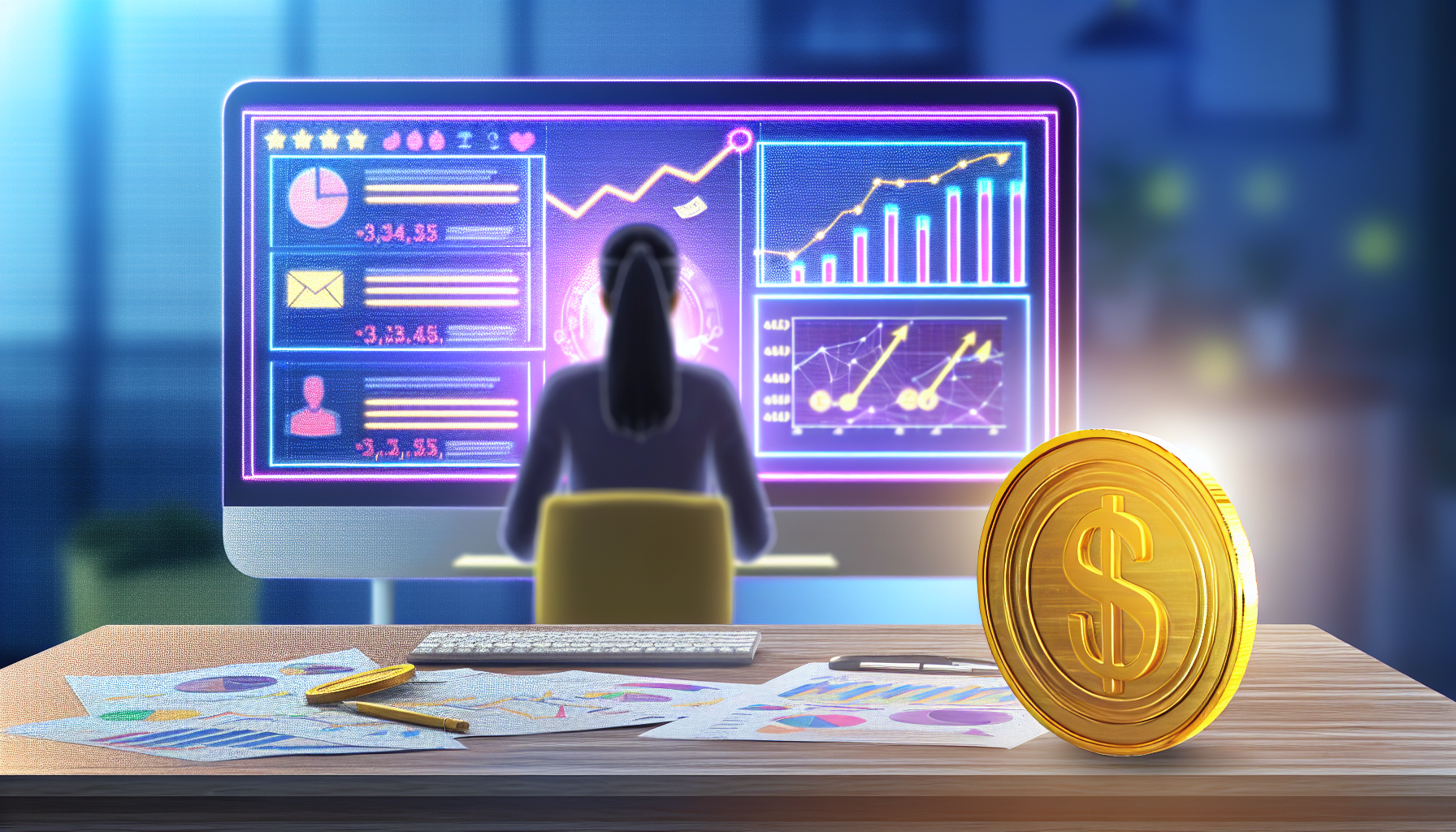 Ein Porträt einer Person, ein Computer-Desktop mit mehreren geöffneten Tabs auf dem Bildschirm, die verschiedene Online-Marketing-Tools anzeigen. Auf dem Schreibtisch liegen Grafiken und Statistiken, die den Anstieg der Einnahmen anzeigen. Vor dem Computer liegt eine Goldmünze mit einem Dollarzeichen. Die Atmosphäre im Raum ist lebhaft und symbolisiert erfolgreiches Online-Affiliate-Marketing und Einnahmen durch diese Methode.