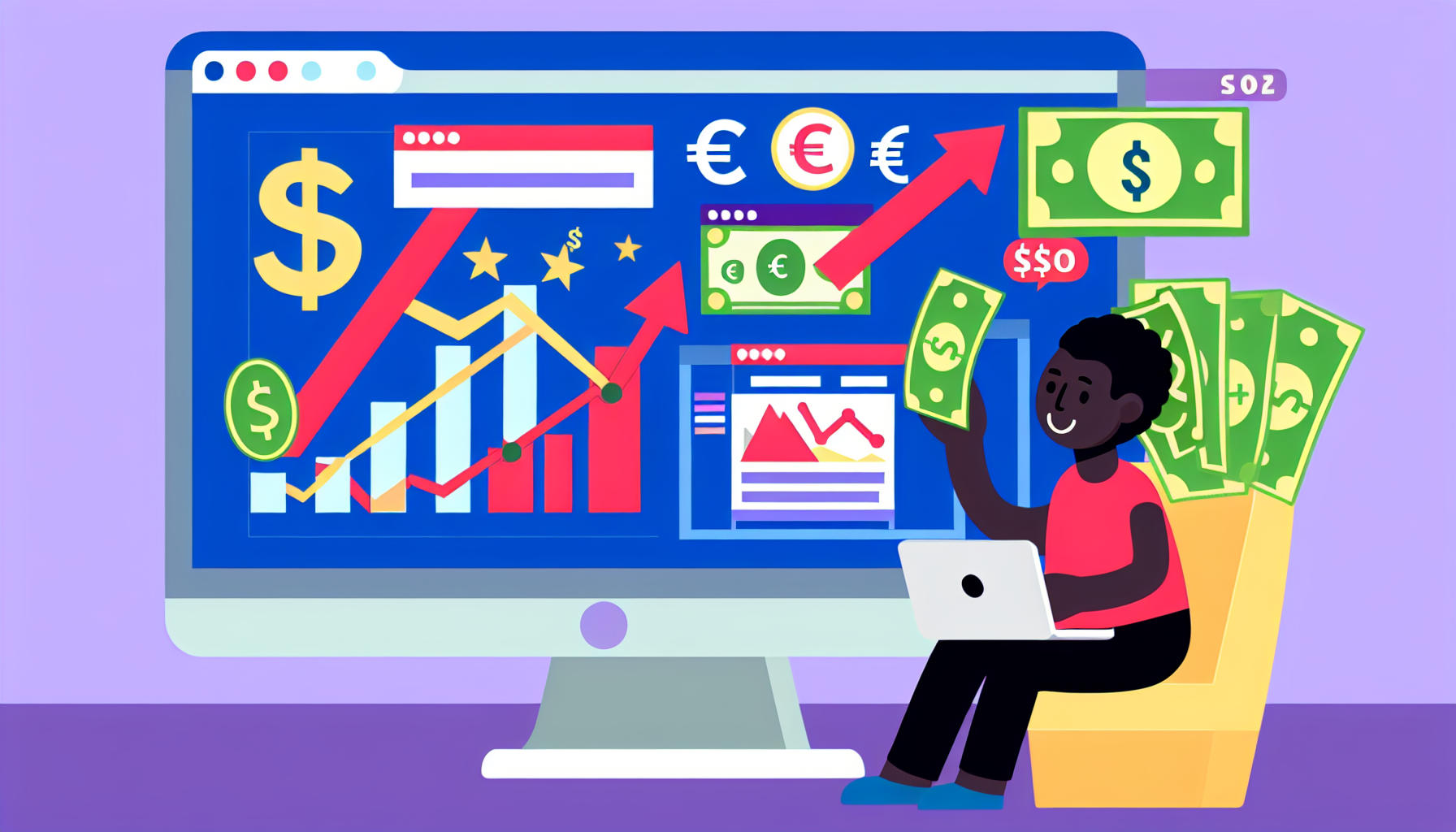 Stellen Sie ein Konzept dar, wie man online durch Affiliate-Marketing Geld verdient. Zeigen Sie einen Computer mit verschiedenen geöffneten Website-Registerkarten, die unterschiedliche Online-Shops symbolisieren. Auf dem Bildschirm sind Grafiken und Diagramme abgebildet, die steigende Gewinne aus dem Affiliate-Marketing anzeigen. Über den Symbolen von Währungen aus verschiedenen Ländern, wie Dollar, Euro, Yen und Pfund, ist eine kleine Hand zu sehen, die das Geld erhält und somit den Gewinn symbolisiert. Um Allgemeinheit darzustellen, fügen Sie eine Person mit unbestimmtem Geschlecht und schwarzer Abstammung hinzu, die am Computer arbeitet und glücklich und zufrieden mit ihren Einnahmen aussieht.