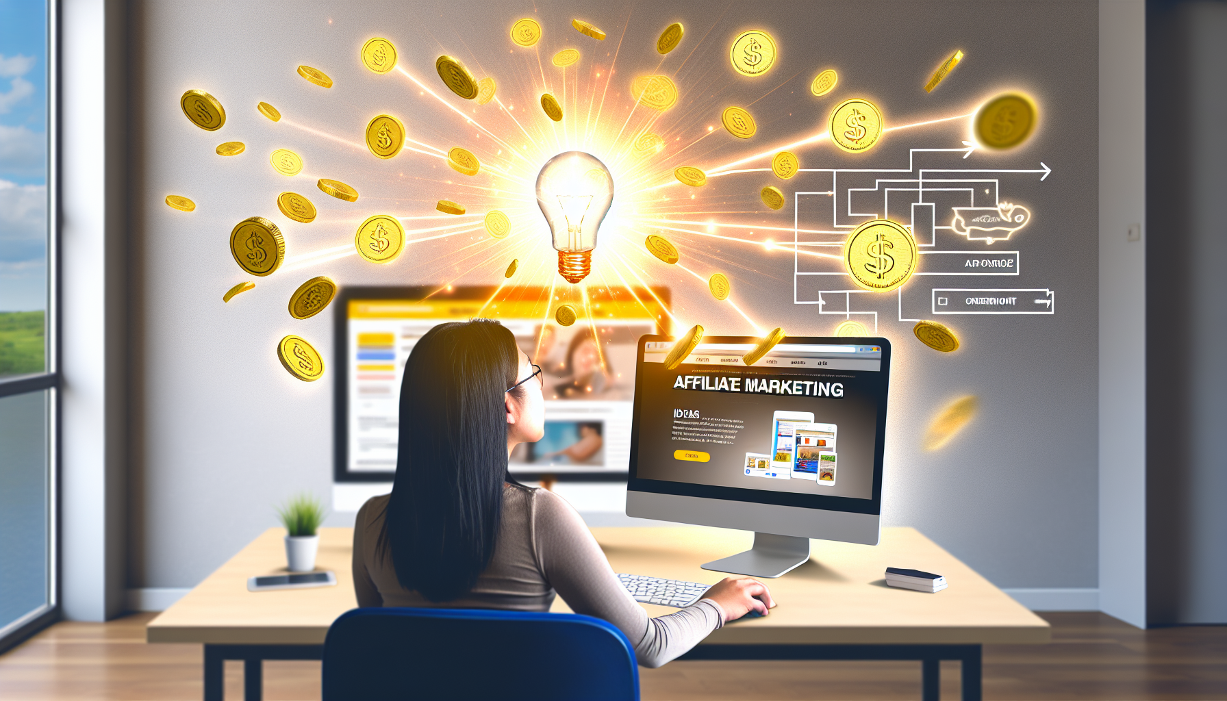 Ein digitales Kunstwerk, das das Konzept des Affiliate-Marketings zur Online-Geldgenerierung zeigt. Eine Person sitzt an einem Schreibtisch und nutzt einen modernen Computer in einem gut beleuchteten Raum. Auf dem Monitor sind Webseiten mit verschiedenen Produkten zu sehen. Über dem Benutzer gibt es einen Lichtstrahl, der Ideen symbolisiert, und goldene Münzen regnen aus diesem Licht, was das Geldverdienen darstellt. Neben dem Benutzer befindet sich ein Flussdiagramm, das den Prozess des Affiliate-Marketings anzeigt. Die Person ist eine asiatische Frau, was eine vielfältige Darstellung hinzufügt. Die Aura vermittelt eine Mischung aus harter Arbeit und kluger Strategie.
