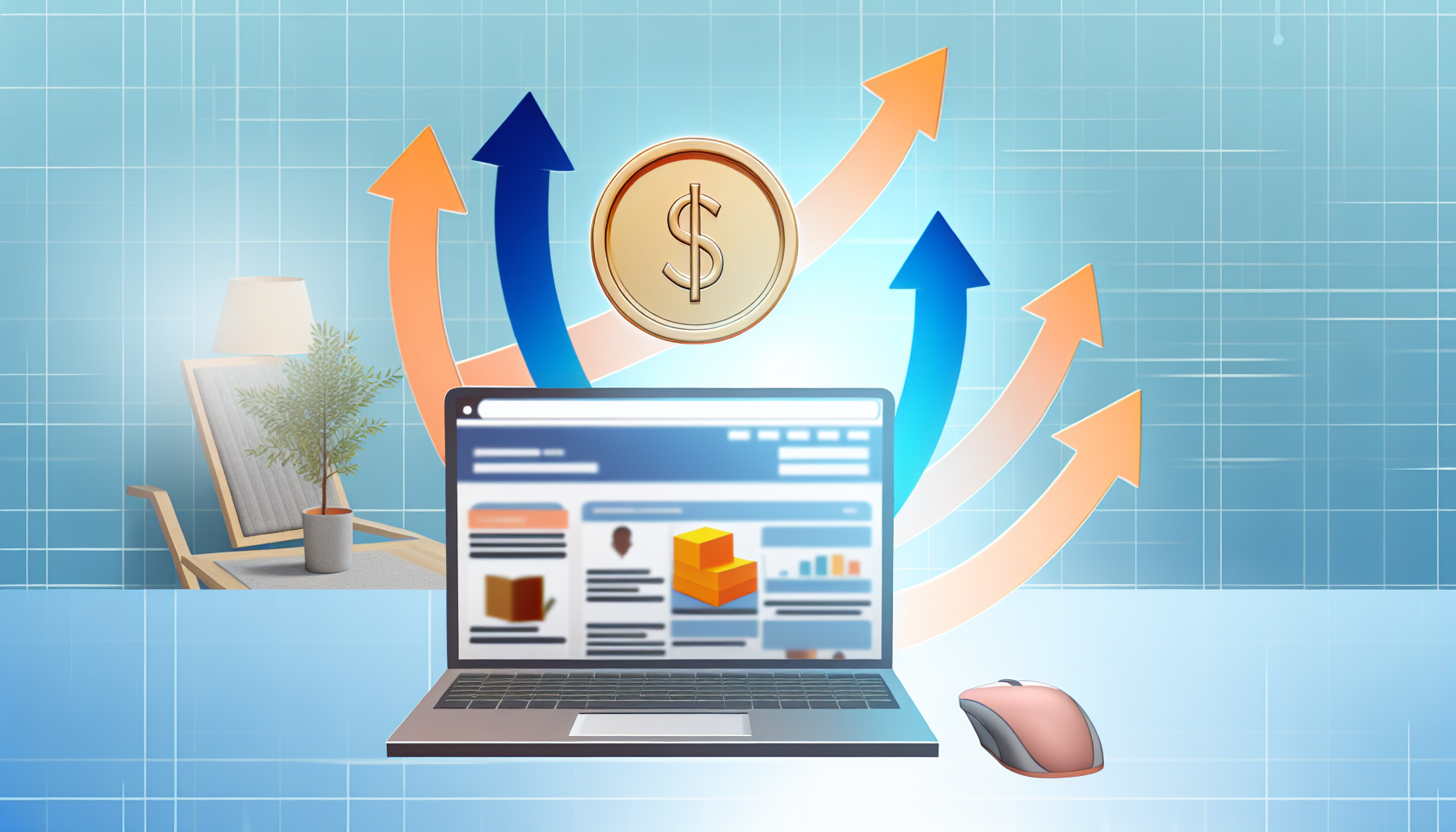 Stellen Sie ein abstraktes Konzept des Online-Geldverdienens durch Affiliate-Marketing dar. Zeigen Sie einen Laptop, der auf eine Website geöffnet ist, die verschiedene Produkte bewirbt. Über dem Laptop sind nach oben zeigende Pfeile dargestellt, die Wachstum und Erfolg symbolisieren und zu einem großen Münzsymbol führen, das monetären Gewinn anzeigt. Die Umgebung sollte ein komfortables Home-Office-Setting widerspiegeln, das das Arbeiten von zu Hause aus symbolisiert. Bitte vermeiden Sie die Darstellung spezifischer Marken oder Logos.