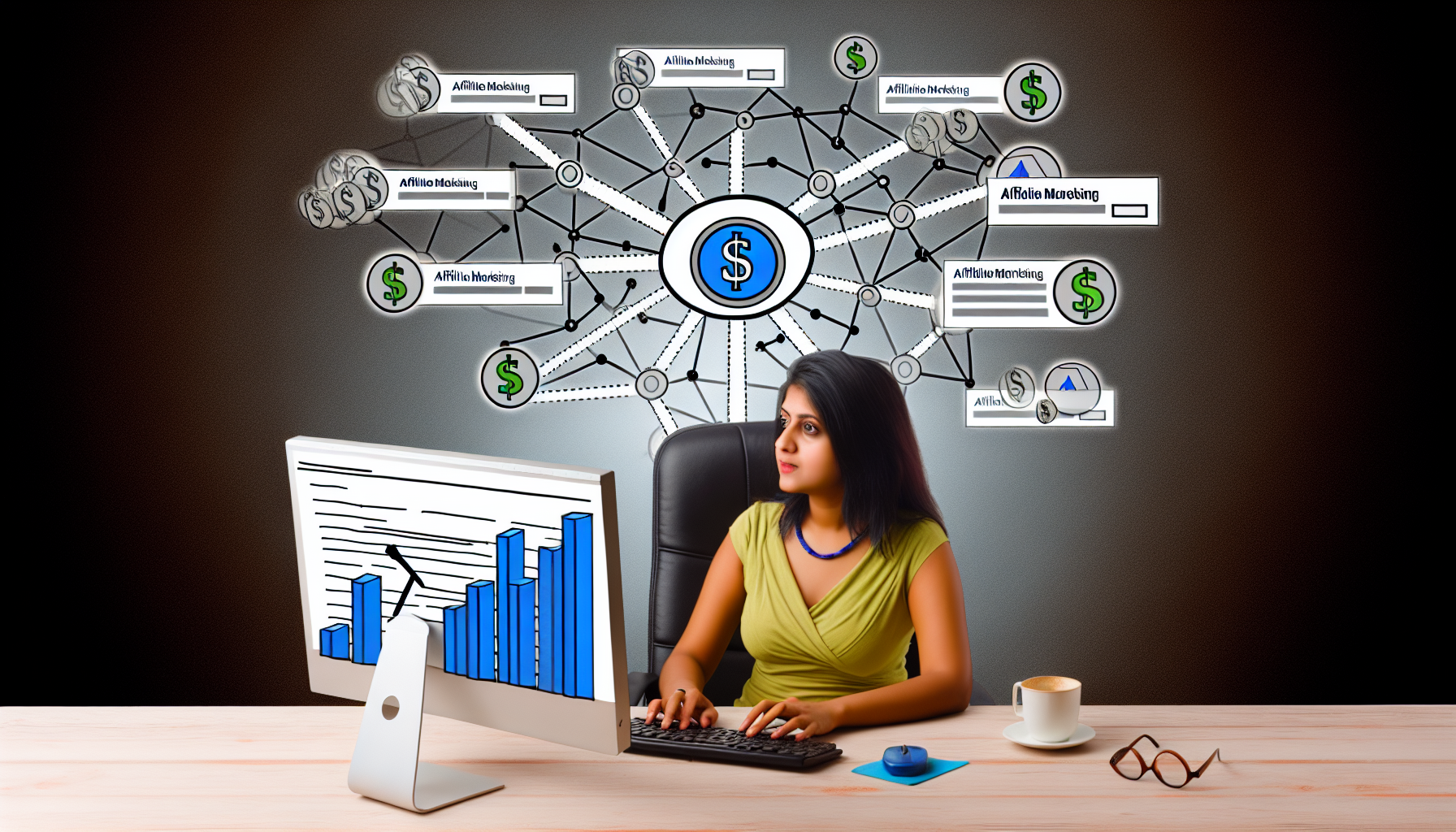 Stellen Sie eine vereinfachte Darstellung dar, wie Affiliate-Marketing online funktioniert, um Geld zu verdienen. Zeigen Sie eine südasianische Frau, die an einem Computer sitzt, dessen Bildschirm eine Blog-Seite anzeigt, die sie für Besuchertraffic optimiert. In der Nähe auf dem Tisch platzieren Sie ein Diagramm, das wachsende Einnahmen darstellt. Im Hintergrund illustrieren Sie das Internet, dargestellt durch miteinander verbundene Knoten, die ihren Blog mit verschiedenen Produkten und Anbietern verknüpfen. Rund um die Frau schweben Dollarzeichen, die das Geld symbolisieren, das durch Affiliate-Marketing verdient wird.