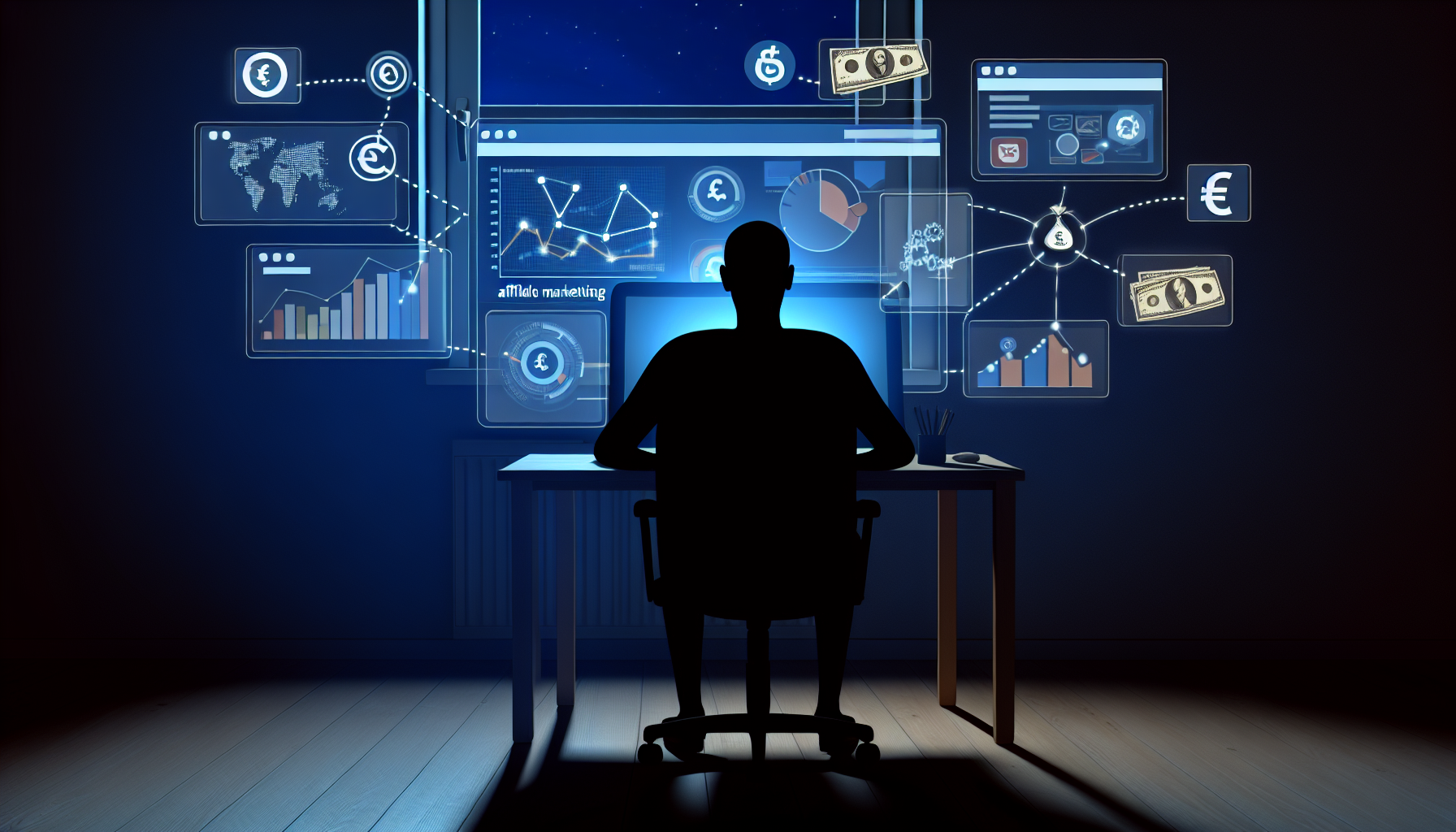 Visuelle Darstellung des Geldverdienens online durch Affiliate-Marketing. Stellen Sie sich die Silhouette einer Person vor, die spät in der Nacht in einem Raum hinter ihrem Computer sitzt und arbeitet. Ihre Ethnie oder ihr Geschlecht sind nicht spezifiziert. Auf dem Computerbildschirm ist ein effizientes und organisiertes Dashboard zu sehen, das Grafiken und Analysen zeigt, die die Einnahmen und den Traffic aus dem Affiliate-Marketing symbolisieren. Das Dashboard führt zu verschiedenen E-Commerce-Websites, die Partnerschaften symbolisieren. Verschiedene Währungssymbole schweben vom Computer zur Person und symbolisieren das Konzept, online Geld zu verdienen.