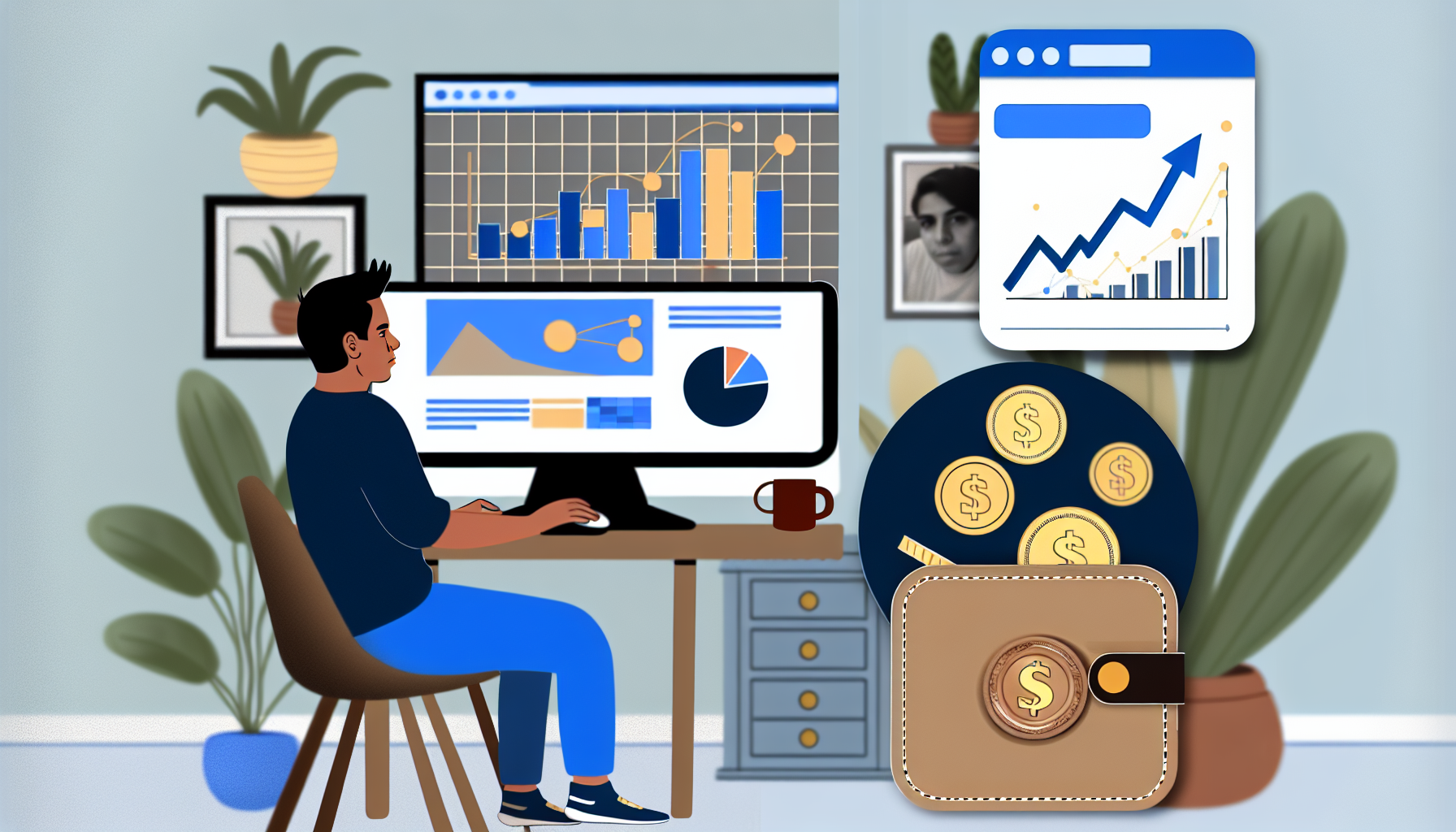Stellen Sie sich ein Bild vor, das das Konzept des Geldverdienens online durch Affiliate-Marketing veranschaulicht. Eine Person hispanischer Abstammung sitzt vor einem Computerbildschirm, der mit Diagrammen und Grafiken gefüllt ist, die den Website-Verkehr und Verkaufskennzahlen darstellen. In einer anderen Ecke des Bildes sind Münzen zu sehen, die in eine digitale Brieftasche fallen, um das Geldverdienen darzustellen. Die gesamte Umgebung sollte ein gemütlicher, heimischer Arbeitsplatz sein, der mit Zimmerpflanzen, einer Kaffeetasse und einem Notizblock zum Notieren ausgestattet ist. Diese Szene beschreibt den modernen Alltag von Menschen, die die Kraft des Internets zur Einkommensgenerierung nutzen.