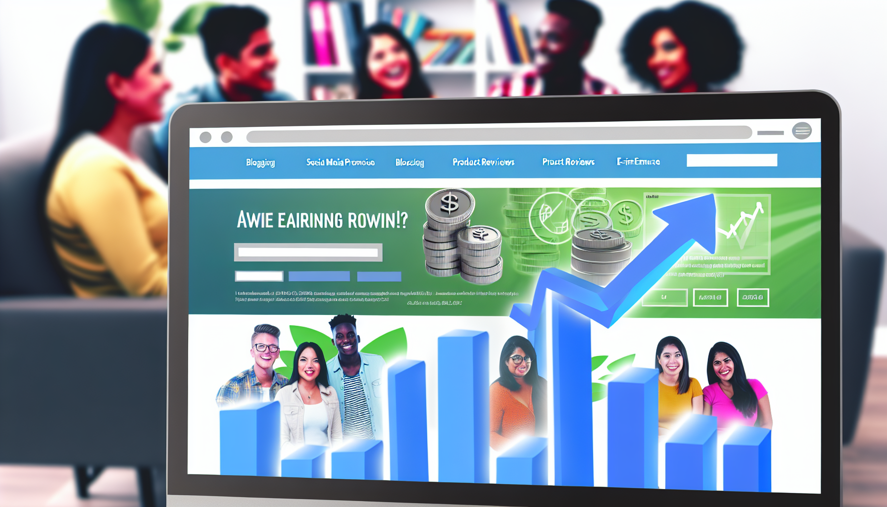 Ein detailliertes Bild eines Computerbildschirms, der eine benutzerfreundliche Website-Oberfläche anzeigt. Die Website hat verschiedene Abschnitte, darunter Blogging, Social-Media-Promotion, Produktbewertungen und E-Commerce-Listings. An der Seite befindet sich eine grafische Darstellung von steigenden Finanzgrafiken, die die Einnahmen aus Affiliate-Marketing symbolisieren. Im Hintergrund ist eine vielfältige Gruppe von Menschen zu sehen, eine hispanische Frau und ein südasiatischer Mann, die glücklich ihre Strategien diskutieren, was auf eine kollaborative Atmosphäre im Affiliate-Marketing hinweist.