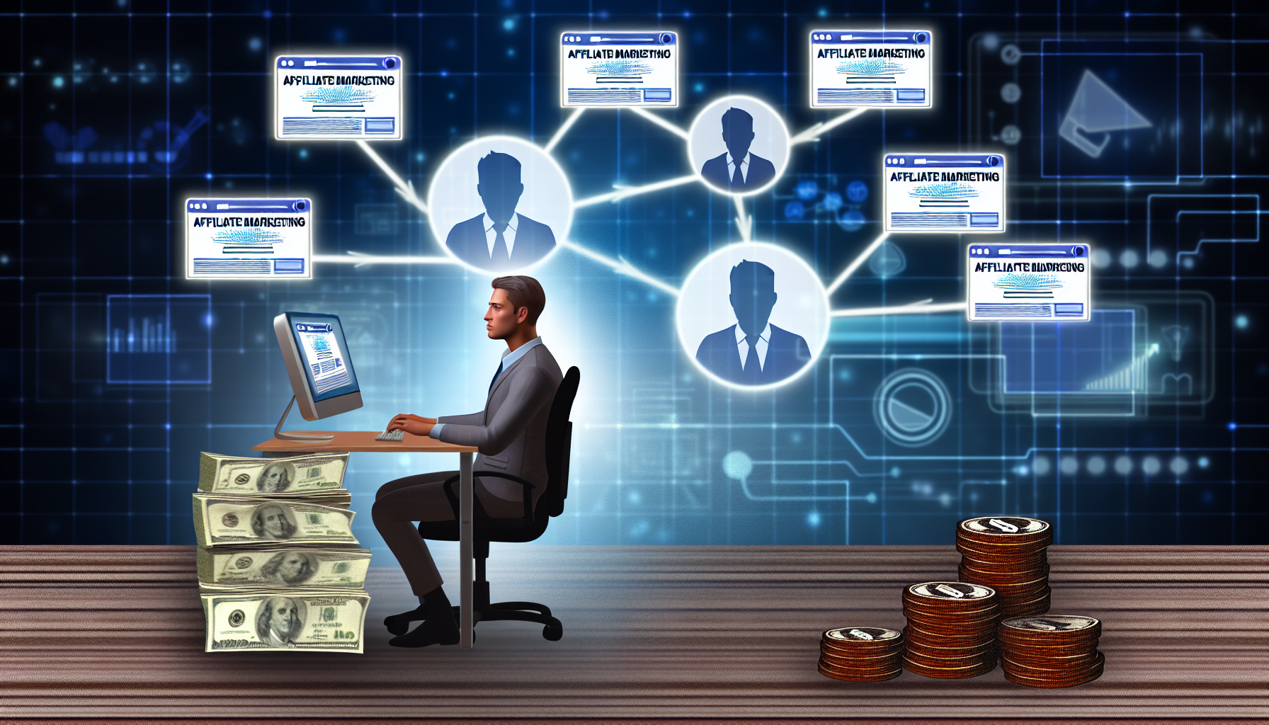 Eine Illustration, die das Konzept des Geldverdienens online durch Affiliate-Marketing darstellt. Stellen Sie sich eine Person an ihrem Schreibtisch vor, einen kaukasischen Mann, der vor einem Computer sitzt. Auf dem Computerbildschirm visualisieren Sie einen Eindruck eines Netzwerks verbundener Affiliate-Websites, symbolisiert durch Webseiten-Icons mit Logos für Affiliate-Marketing. In einer Ecke des Schreibtisches wachsen Stapel von Münzen und Geldscheinen langsam an, was das Einkommen aus dem Affiliate-Marketing anzeigt. Fügen Sie auch einige Grafiken im Hintergrund als technische Elemente oder digitale Signale hinzu, um der Bildtiefe mehr Dimension zu verleihen.
