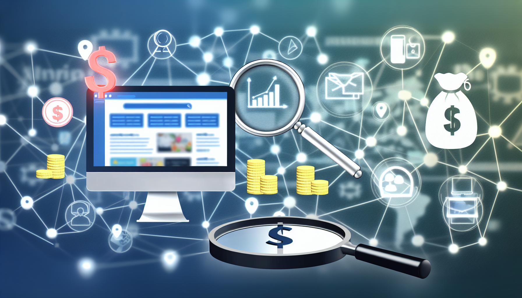 Ein Bild, das das Konzept der Online-Einkommensgenerierung durch Affiliate-Marketing veranschaulicht. Es zeigt einen Computerbildschirm, der eine Website mit verschiedenen Produkten präsentiert. Rund um den Computer sind mehrere Symbole zu sehen, die digitale Marketing-Tools darstellen, wie ein Flussdiagramm, eine Lupe und ein Diagramm. Außerdem sollte ein repräsentatives Symbol für Geld vorhanden sein, um das Verdienen zu kennzeichnen, wie Münzen oder ein Dollarzeichen. Im Hintergrund sind Verbindungen oder Netzwerkleitungen zu sehen, die den Verlinkungsprozess im Affiliate-Marketing symbolisieren.