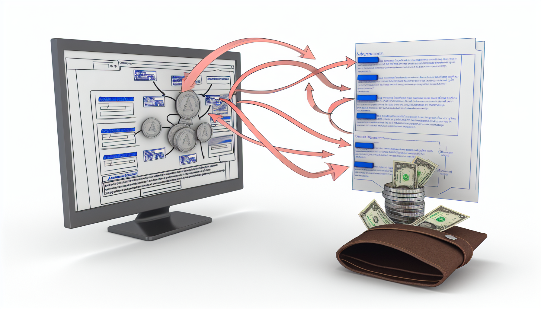 Ein Diagramm, das das Konzept des Affiliate-Marketings als Methode zum Geldverdienen online veranschaulicht. Das Bild sollte einen Computer mit einem geöffneten Internetbrowser zeigen, der verschiedene Online-Werbeanzeigen anzeigt. Überlappende Pfeile, die vom Computerbildschirm ausgehen, fließen zu einer Geldbörse oder einem Geldbeutel, der mit Münzen und Papiergeld gefüllt ist, um Einnahmen aus dem Internet zu symbolisieren. Erläuterungen, die den Prozess erklären, könnten vorhanden sein. Der grafische Stil sollte einfach und visuell ansprechend sein.