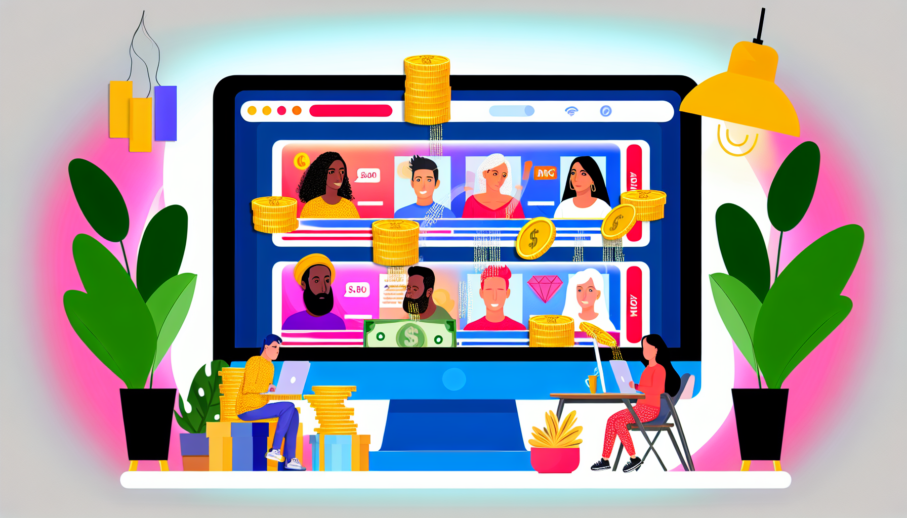 Ein lebendiges Bild, das das Konzept des Geldverdienens online durch Affiliate-Marketing veranschaulicht. Das Bild zeigt einen Computerbildschirm, der eine Einkaufswebsite mit zahlreichen Produktanzeigen darstellt. Menschen unterschiedlicher Abstammung, wie Kaukasier, Schwarze, Menschen aus dem Nahen Osten, Südasianer und Hispanics, sowohl männlich als auch weiblich, klicken auf diese Anzeigen, was ihr Engagement symbolisiert. Auf der anderen Seite des Bildschirms fließen Münzen heraus, was das Einkommen symbolisiert, das aus jedem Klick generiert wird. Die Umgebung ist ein gemütliches Homeoffice mit mehreren Elementen wie Zimmerpflanzen, einer warmen Lampe und einer Tasse Kaffee.