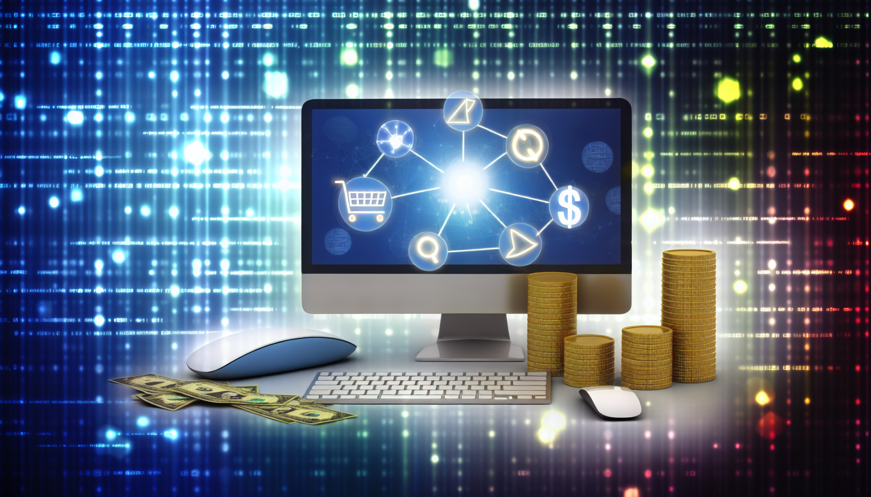 Konzeptionelle Darstellung des Geldverdienens online durch den Prozess des Affiliate-Marketings. Stellen Sie sich einen Desktop-Computer mit einem leuchtenden Bildschirm vor, der verschiedene Marketing-Icons zeigt: eine klickende Maus, ein Dollarsymbol, ein Netzwerk verbundener Punkte und einen Einkaufswagen. Daneben wächst ein Stapel goldener Münzen stetig in der Größe und symbolisiert ein wachsendes Einkommen. Hinter dieser Szene steht ein heller digitaler Matrix-Hintergrund, der die Online-Welt symbolisiert.