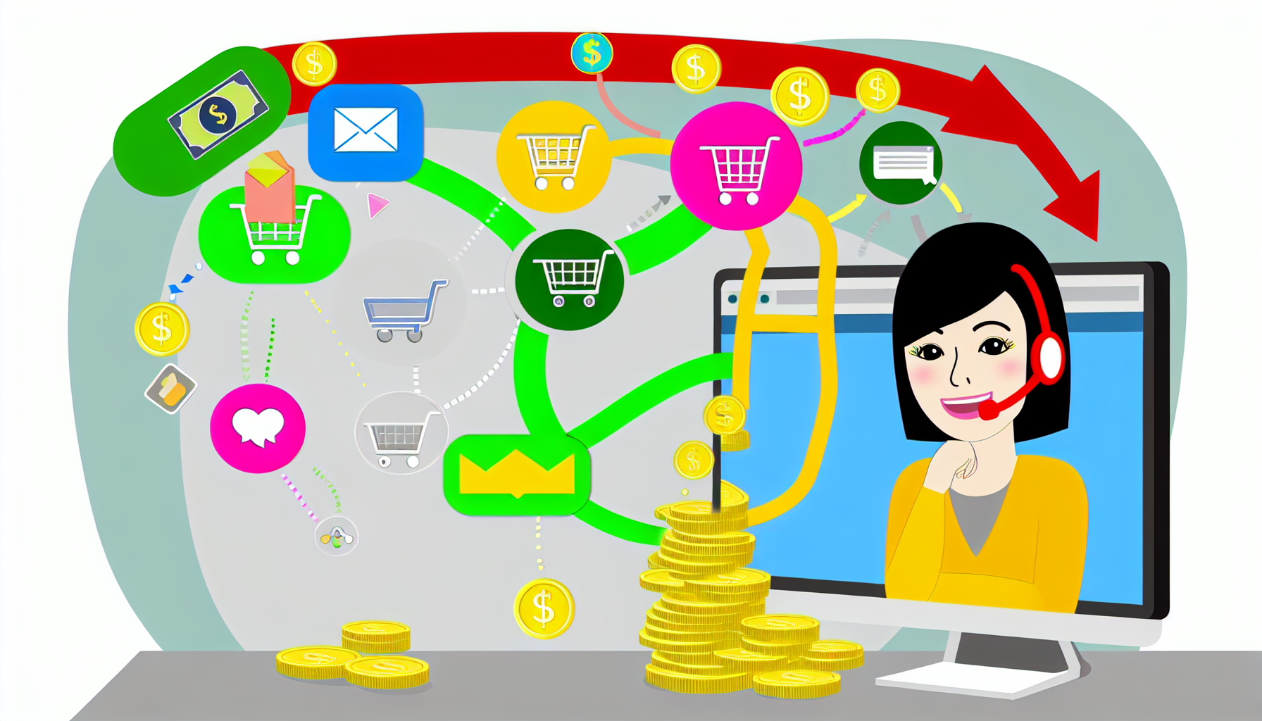 Ein illustriertes Konzept, um online Geld durch Affiliate-Marketing zu verdienen. Das Bild zeigt einen Computerbildschirm mit bunten Symbolen von Einkaufswagen, Online-Anzeigen und sozialen Medien. Von jedem dieser Symbole führen Pfeile zu einem Haufen abstrakter goldener Münzen, um das durch Online-Marketing verdiente Geld zu symbolisieren. Neben dem Computer ist eine Frau asiatischer Abstammung zu sehen, die glücklich den Fortschritt mit einem Headset überwacht, was ihre Rolle im Kundenservice anzeigt.