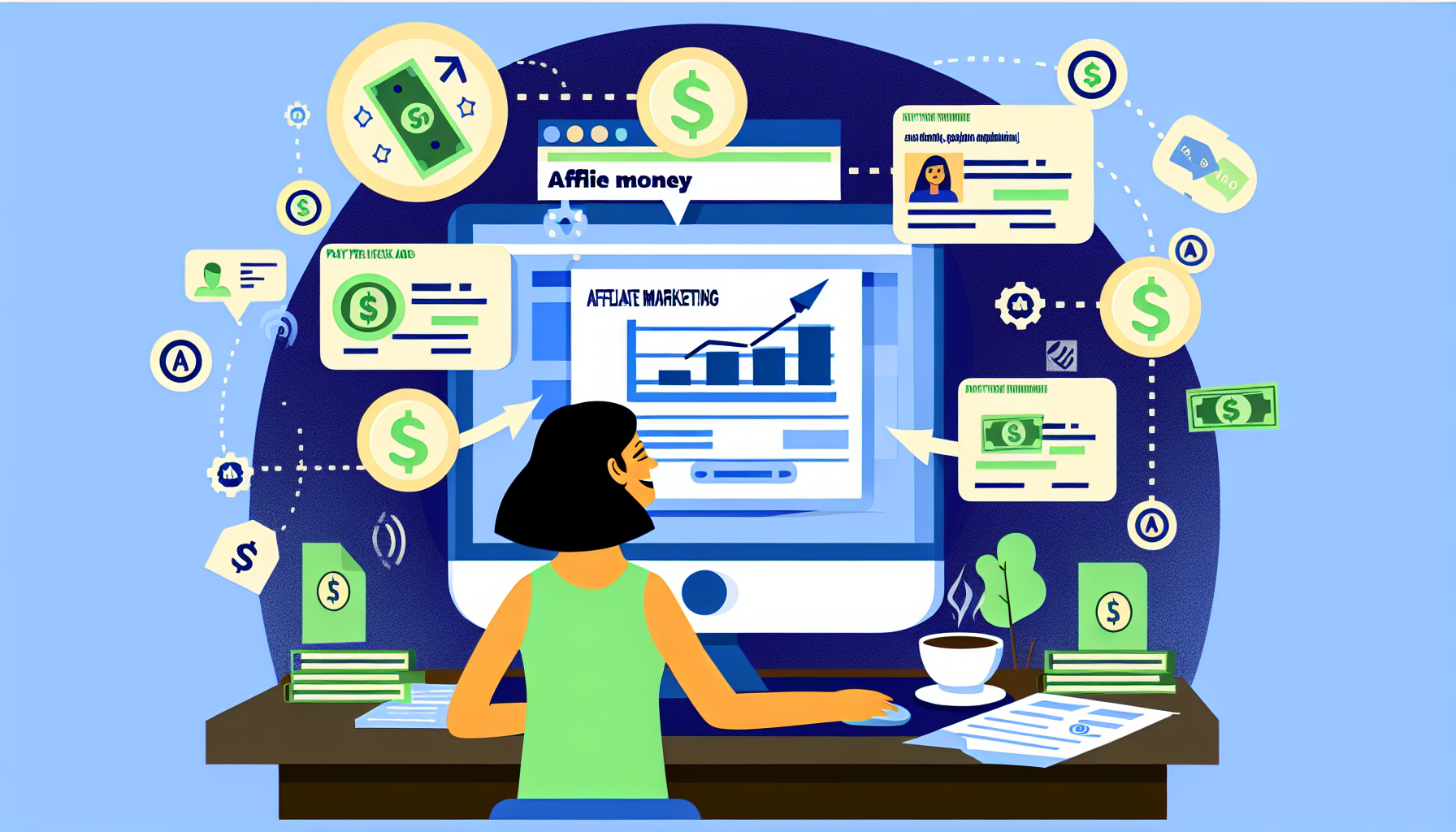 Eine Illustration, die das Konzept des Geldverdienens online durch Affiliate-Marketing darstellt. Sie zeigt einen Computerbildschirm mit grafischen Darstellungen von Pay-per-Click-Anzeigen, begleitet von Transaktionsbenachrichtigungen, die erfolgreiche Affiliate-Verkäufe anzeigen. Darunter beobachtet eine Person südasiatischer Abstammung freudig, wie die Gelder in ihrem Online-Konto steigen. Um sie herum sind Symbole, die das Internet, Werbung und digitale Inhalte verknüpfen. Auf dem Tisch neben dem Computer liegen einige Finanzdokumente und eine Tasse Kaffee.