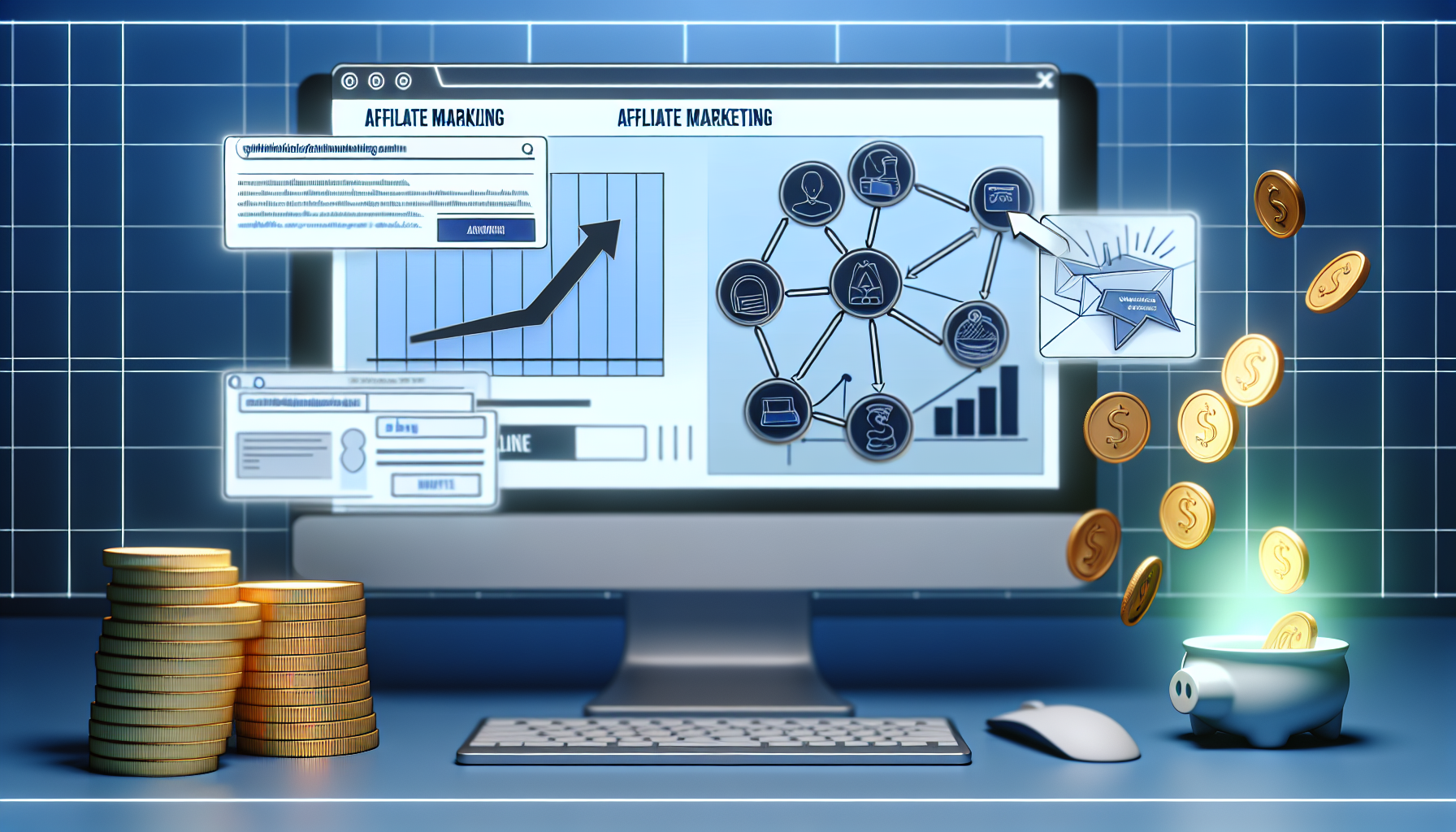 Visualisieren Sie das Konzept, online Geld durch Affiliate-Marketing zu verdienen. Die Szene zeigt eine digitale Benutzeroberfläche auf einem Computerbildschirm, auf dem verschiedene Aspekte des Affiliate-Marketings dargestellt sind. Auf der einen Seite befindet sich ein Blogbeitrag mit verlinkten Produkten. In der Mitte gibt es ein Diagramm, das den Anstieg der Einnahmen zeigt. Auf der anderen Seite ist eine E-Mail-Marketingkampagne zu sehen. Zusätzlich fallen Münzen, die die Einnahmen repräsentieren, in eine digitale Geldbörse. Der gesamte Prozess sollte ein Gefühl von einer einfachen und bequemen Methode des Online-Verdienens vermitteln.