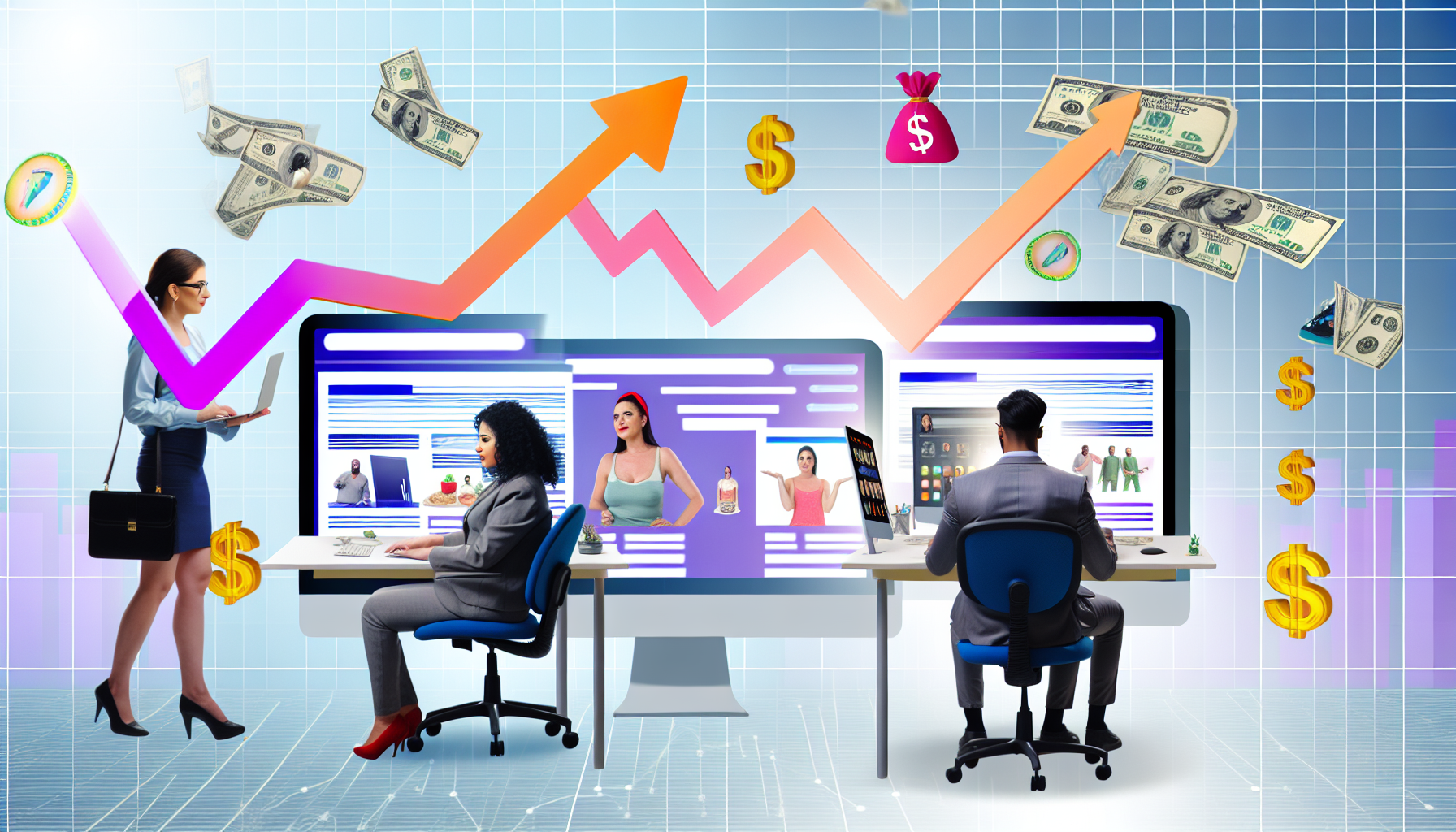 Visuelle Darstellung des Geldverdienens online durch Affiliate-Marketing. Stellen Sie sich eine Szene mit einer vielfältigen Gruppe von Personen vor, einer hispanischen Frau und einem mittelöstlichen Mann, die an ihren Computern arbeiten. Auf ihren Bildschirmen sind Webseiten mit verschiedenen Produkten geöffnet, die Online-Shopping-Plattformen signalisieren. Relevante Symbole, wie aufwärts gerichtete Grafiken und Geldzeichen, sind in der Szene verteilt, um einen Anstieg der Einnahmen anzuzeigen. Die Atmosphäre sollte dynamisch und fesselnd sein, mit Farben, die Fortschritt und Gewinn anzeigen.
