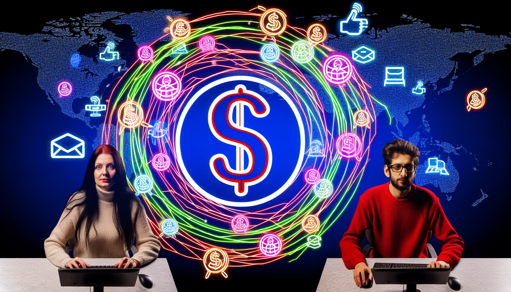 Eine Illustration des Konzepts, online Geld zu verdienen durch Affiliate-Marketing. Zeigen Sie eine kaukasische Frau und einen asiatischen Mann, die an ihren jeweiligen Computern sitzen und mit einem digitalen globalen Netzwerk interagieren, das das Internet symbolisiert. In der Mitte des Designs stellen Sie ein vereinfachtes, symbolisches Dollarzeichen dar, umgeben von einer wirbelnden Mischung aus ikonischen Internet- und Marketingsymbolen wie Klickhänden, Einkaufswagen und E-Mail-Symbolen. Verwenden Sie helle Farben, um die Energie und Möglichkeiten der Online-Welt darzustellen.