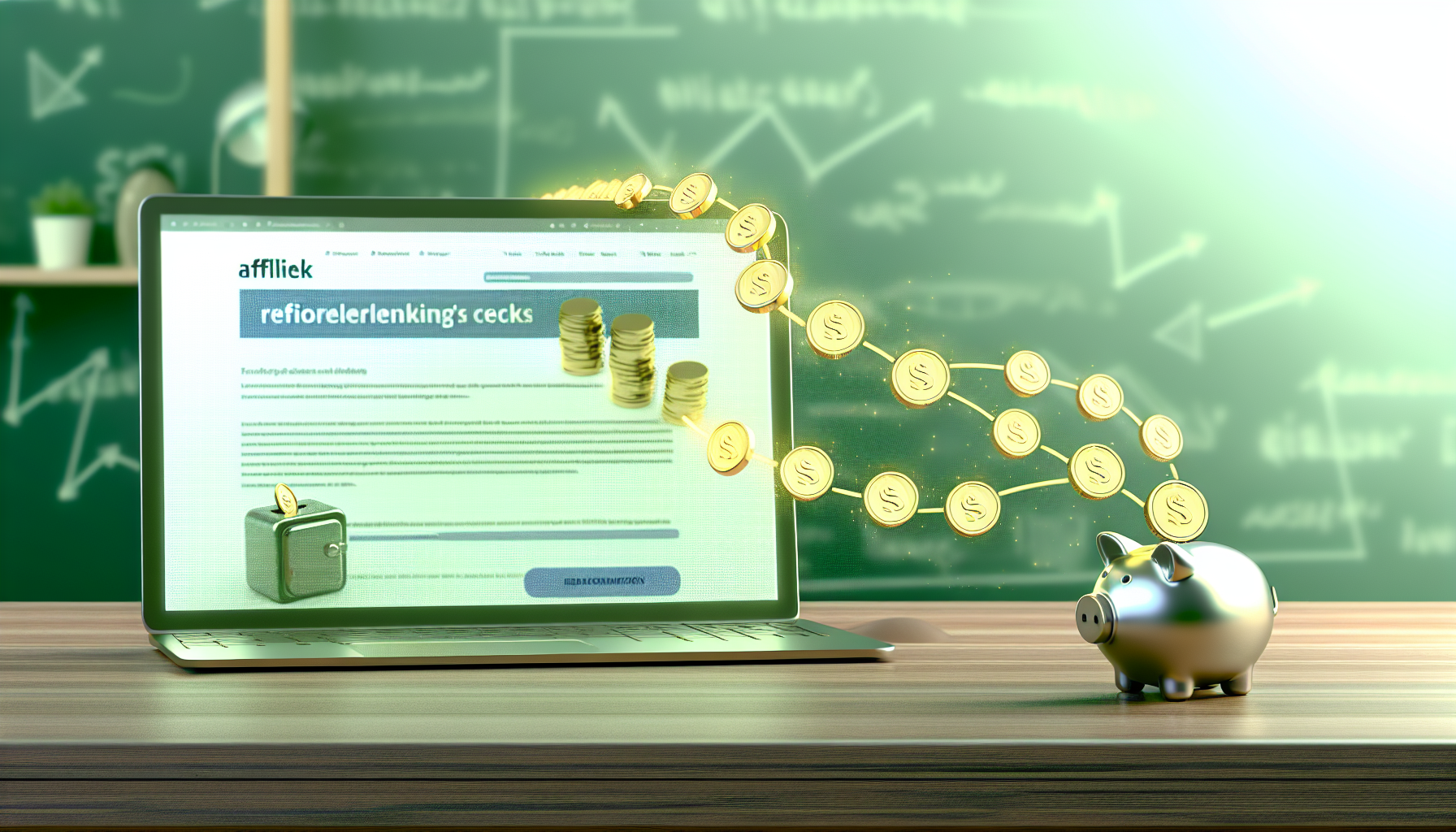 Eine detaillierte digitale Darstellung des Konzepts des Affiliate-Marketings als Möglichkeit, online Geld zu verdienen. Visualisieren Sie einen Laptop, der eine Website anzeigt, auf der strategisch verstreute Empfehlungslinks zu sehen sind. Beim Klicken auf einen Link wird ein Fluss von Goldmünzen dargestellt, der von dem Klick des Verbrauchers zu einem Safe oder einem Sparschwein fließt, das die Einnahmen des Marketers symbolisiert. Der Hintergrund könnte einen sanften Farbverlauf in Grüntönen aufweisen, der Wachstum und Gewinn repräsentiert. Fügen Sie kontextuelle Elemente wie eine Schreibtischumgebung oder eine Person im Hintergrund hinzu, die die Website navigiert.