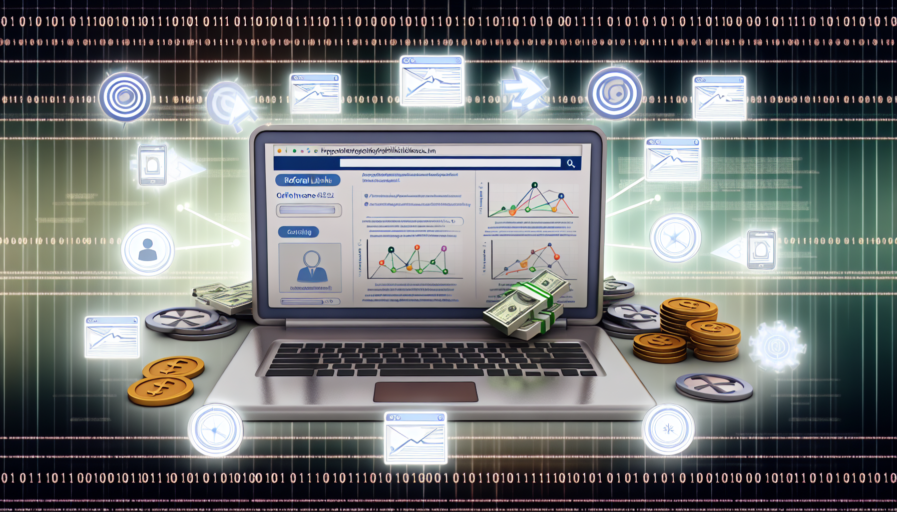 Eine detaillierte digitale Illustration des Konzepts des Affiliate-Marketings und des Online-Einkommens. Im Zentrum des Bildes befindet sich ein Laptop mit Webseiten-Diagrammen, die Referral-Links zu verschiedenen Online-Produkten zeigen. Auf dem Bildschirm sind verschiedene Diagramme zu sehen, die das Wachstum der Einnahmen darstellen. Einige Münzen und Geldscheine, die die Einnahmen repräsentieren, fallen aus dem Bildschirm. Um den Laptop herum sind einige andere wesentliche Symbole des Marketings wie ein Ziel, eine Zielscheibe und Pfeile angeordnet. Der Hintergrund ist mit sanft leuchtendem Binärcode gefüllt, um die digitale Natur des Geschäfts darzustellen.