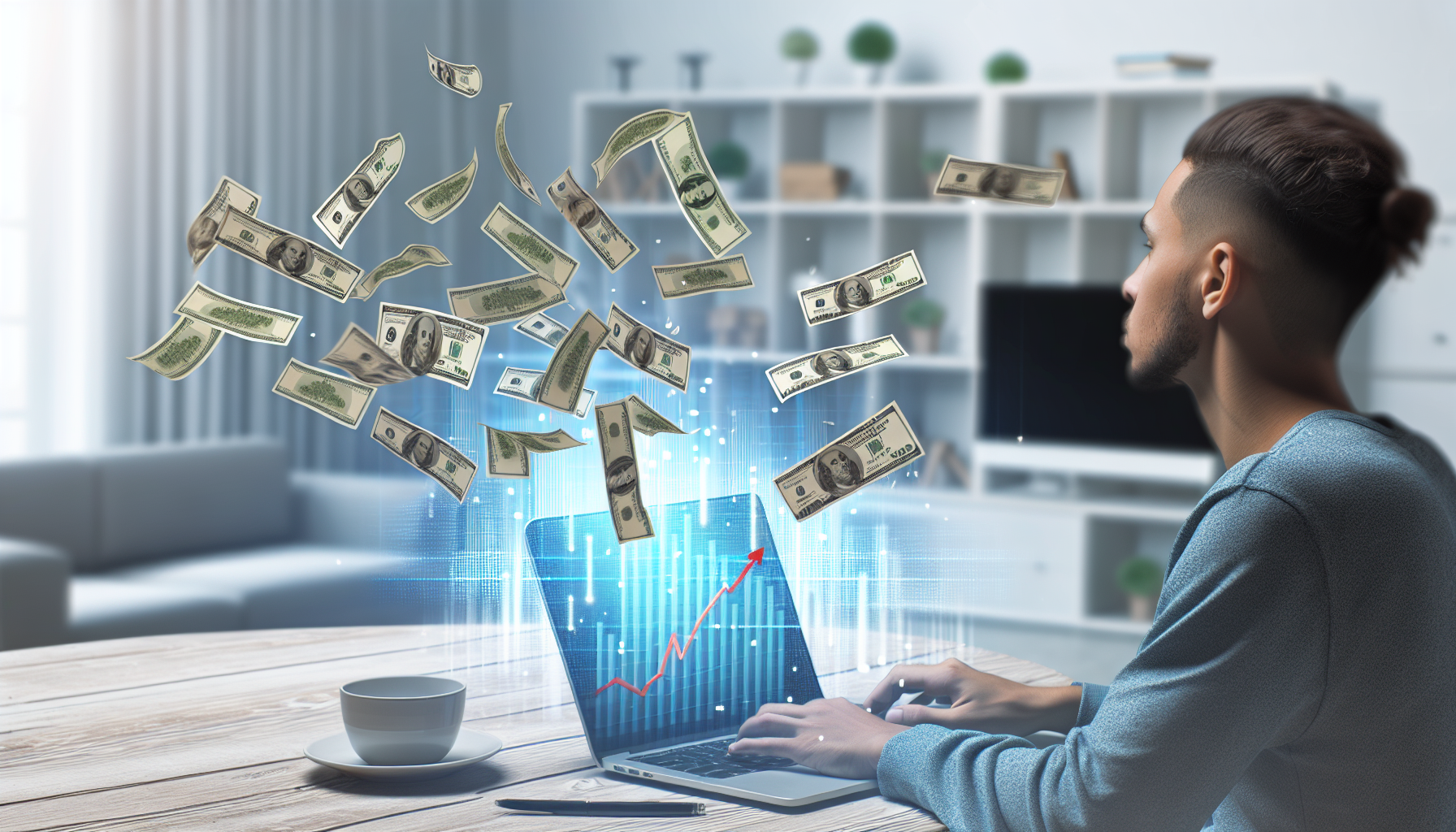 Eine illustrative Darstellung des Konzepts, online Geld zu verdienen durch Affiliate-Marketing. Das Bild zeigt eine Person hispanischer Abstammung, die vor einem Laptop sitzt, aus dessen Bildschirm eine Menge Geldscheine herabfallen, was den Gewinn aus erfolgreichen Empfehlungen symbolisiert. Der Laptop-Bildschirm zeigt eine Reihe von Grafiken und Diagrammen, die einen Anstieg der Einnahmen veranschaulichen. Die Umgebung ist ein modernes Homeoffice mit einer Tasse Kaffee auf dem Schreibtisch und Bücherregalen im Hintergrund.