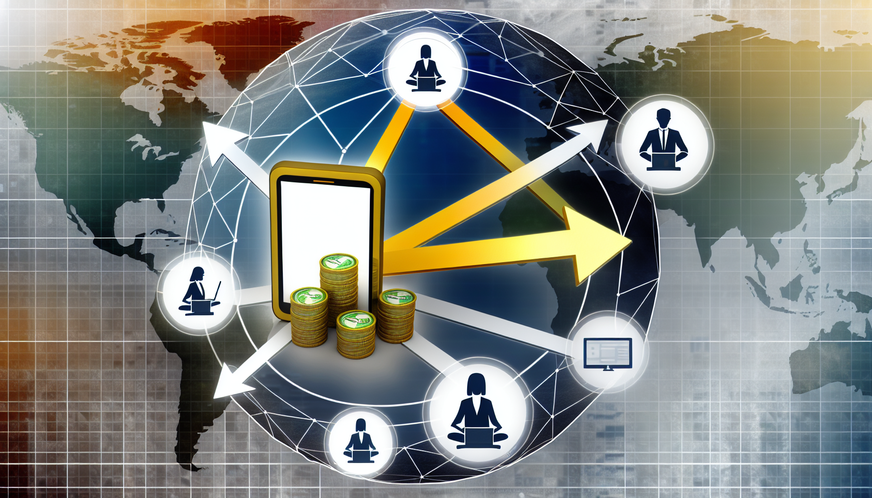 Bildsprache, die das Konzept des Geldverdienens online durch Affiliate-Marketing symbolisiert. Das Bild könnte Symbole verschiedener digitaler Geräte wie einen Laptop, ein Smartphone oder ein Tablet enthalten, die mit Pfeilen auf einen Haufen Münzen oder Geldscheine zeigen. Diese könnten in ein globales Netzwerk-Icon eingebettet sein, das eine weltweite Reichweite andeutet. Für menschliche Elemente könnte eine vielfältige Gruppe von Menschen bei der Arbeit dargestellt werden; zum Beispiel eine mittelöstliche Frau und ein kaukasischer Mann, die beschäftigt an ihren Laptops arbeiten und zu diesem Online-Geschäft beitragen.