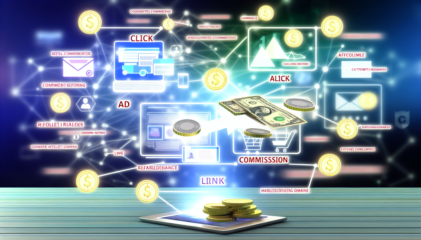 Eine konzeptionelle Darstellung des Geldverdienens online durch Affiliate-Marketing. Zeigen Sie einen digitalen Raum mit verschiedenen Web-Elementen, die E-Commerce anzeigen, wie Einkaufswagen, Produktbilder und Kundenbewertungen. Stellen Sie virtuelle Münzen oder Geldscheine dar, die von diesen Elementen zu einem Computerbildschirm fließen, der die Plattform des Marketers repräsentiert. Überlagern Sie Schlüsselwörter oder Phrasen wie 'Klick', 'Anzeige', 'Empfehlung', 'Link' und 'Provision', um den Prozess des Affiliate-Marketings zu verdeutlichen.
