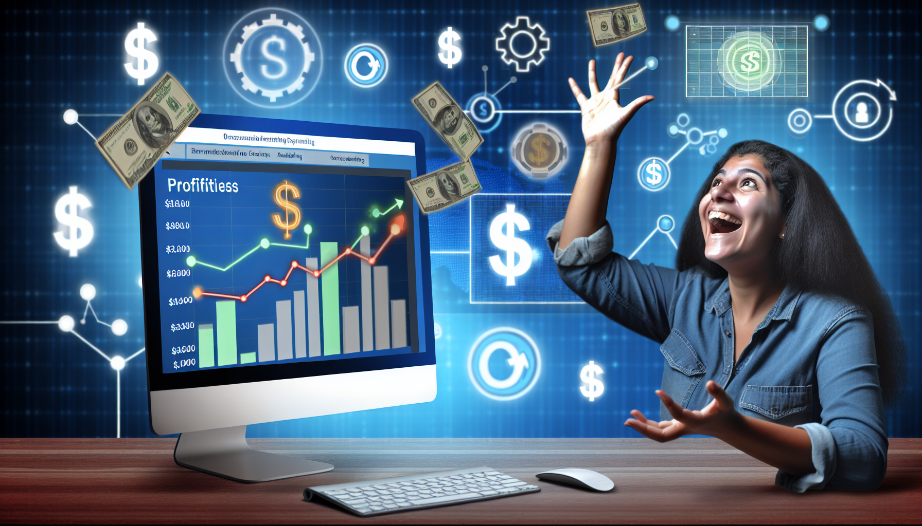 Eine detaillierte Darstellung des Geldverdienens online durch Affiliate-Marketing. Zeigen Sie einen Computerbildschirm, der eine Affiliate-Marketing-Website anzeigt, mit Grafiken, die steigende Gewinne demonstrieren. Eine Person, eine hispanische Frau, ist zu sehen, die freudig auf die steigenden Zahlen reagiert, was die Rentabilität symbolisiert. Elemente im Raum umfassen digitale Zahnräder, Währungssymbole und Netzwerkverbindungen, die das Konzept des Online-Geschäfts und des digitalen Marketings symbolisieren.