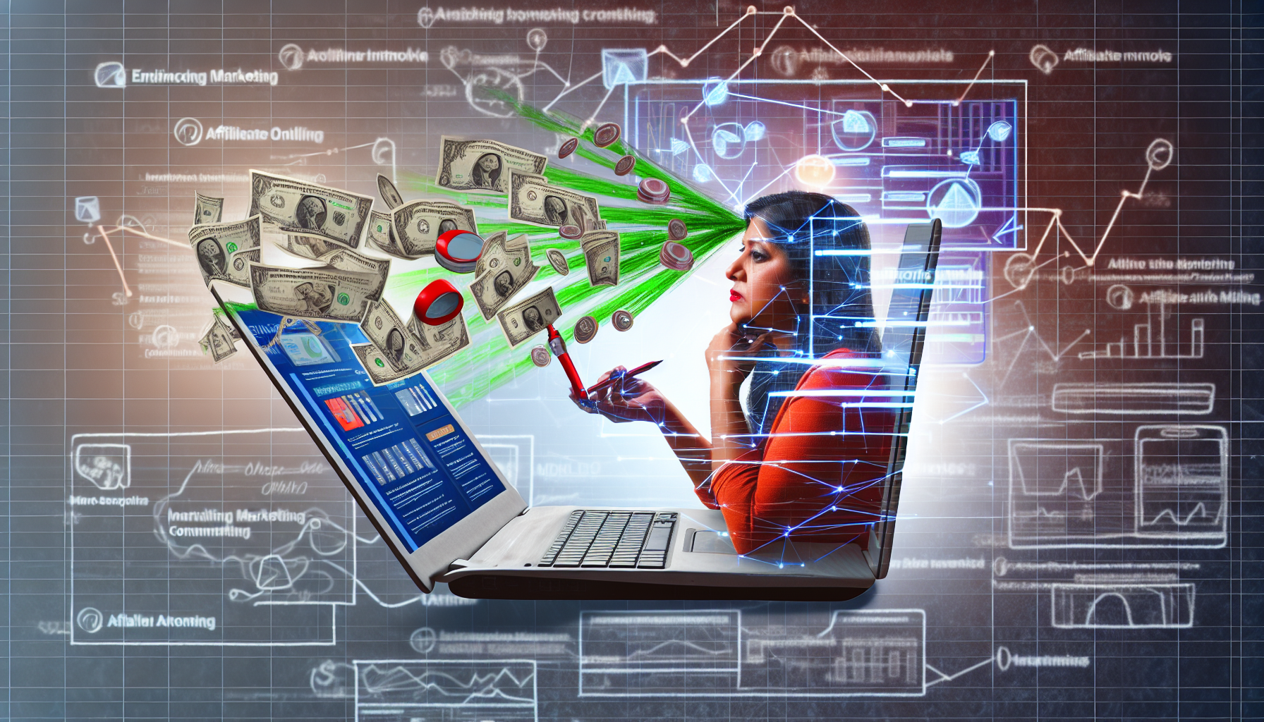 Eine interessante Darstellung des Affiliate-Marketings in der Online-Welt. Visualisieren Sie eine südasianische Frau, die an ihrem Laptop arbeitet und tief in die Verbesserung ihrer Marketingfähigkeiten vertieft ist. Sie hat zahlreiche Tabs in ihrem Browser geöffnet, die auf verschiedene Online-Plattformen hinweisen. Der Bildschirm zeigt eine Vielzahl von Produkten, die sie verkauft. Von der Seite des Laptops fließt ein Geldstrom, der das Einkommen symbolisiert, das aus ihren Bemühungen generiert wird. Um es symbolischer zu gestalten, könnte ein Netzwerk von Verbindungen von ihrem Laptop ausgehen, das das Netzwerk darstellt, das sie aufgebaut hat. Fügen Sie ein digitales Diagrammmuster hinzu, das das Wachstum ihres Online-Geschäfts anzeigt.