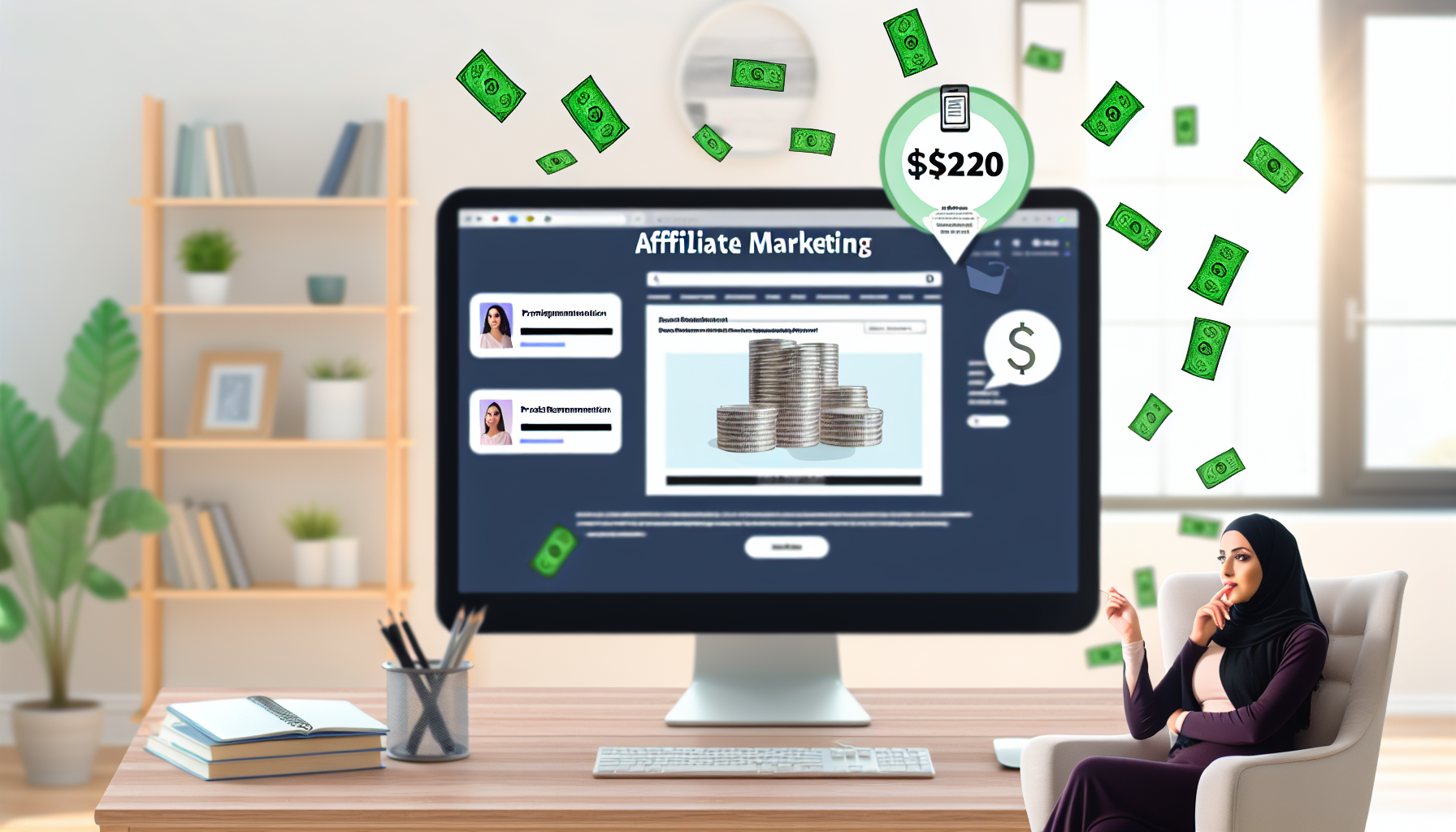 Erstellen Sie ein Bild, das das Konzept des Geldverdienens online durch Affiliate-Marketing veranschaulicht. Integrieren Sie einen Computer, auf dem eine Website mit Produktempfehlungen, überzeugenden Texten und Klick-Links angezeigt wird. Stellen Sie außerdem eine Person dar, eine mittelöstliche Frau, die auf einem Stuhl sitzt und den Computer benutzt. Es sollten Symbole oder Indikatoren für erfolgreiche Transaktionen zu sehen sein, wie Benachrichtigungen, die auf dem Computerbildschirm aufpoppen, und Geldscheine, die vom Bildschirm herabdriften. Der Hintergrund sollte ein Home-Office mit modernem und ordentlichem Innendesign sein.