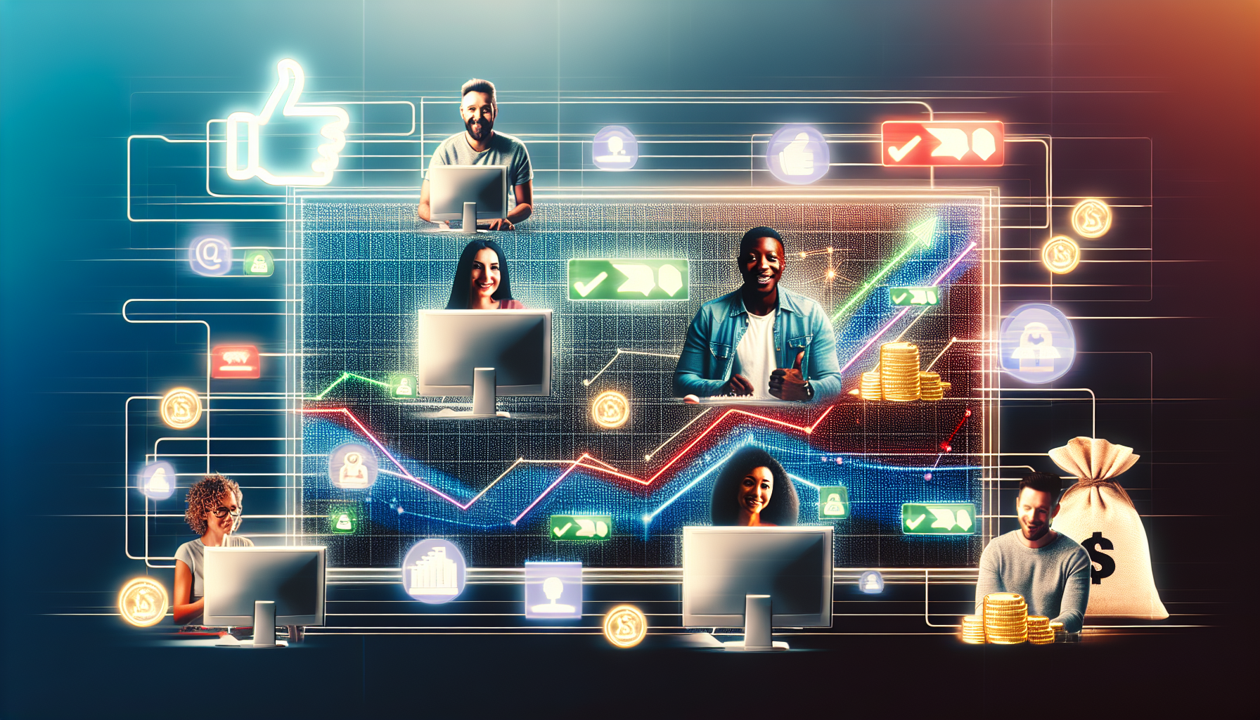 Eine bildliche Darstellung des Konzepts, online Geld zu verdienen durch Affiliate-Marketing. Ein digitaler Bildschirm zeigt mehrere Affiliate-Links und Symbole beliebter Online-Marktplätze. Im Vordergrund sitzen eine vielfältige Gruppe von Personen - eine kaukasische Frau, ein schwarzer Mann, ein südasiatischer Mann und eine hispanische Frau - an ihren Computern und arbeiten an ihren Affiliate-Marketing-Strategien. Sie sind umgeben von Symbolen des Erfolgs - Stapel von Münzen, Liniendiagramme, die einen Anstieg zeigen, Daumen-hoch-Emojis und ein Häkchen. Alles ist in einem digitalen, futuristischen Ton gehalten.