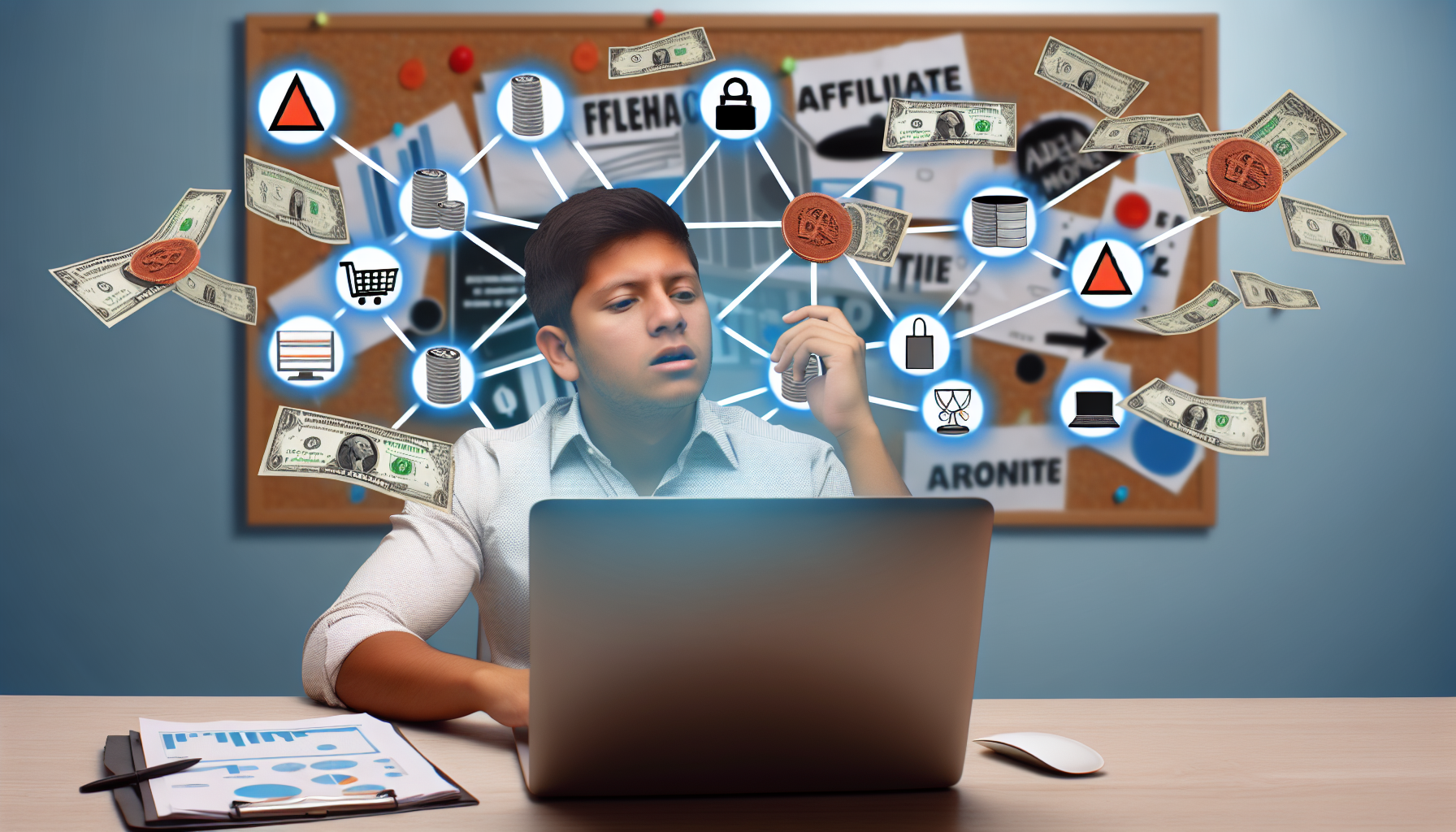 Visualisieren Sie das Konzept, online Geld durch Affiliate-Marketing zu verdienen. Stellen Sie sich eine Person vor, die an einem Schreibtisch sitzt, mit einem Laptop, auf dem eine Vielzahl von Produkt-Icons verstreut um den Bildschirm angezeigt werden, die Affiliate-Links symbolisieren. Münzen und Geldscheine strömen aus dem Laptop, was die Einnahmengenerierung symbolisiert. Die Person sollte ein hispanischer Mann sein. Der Hintergrund kann ein gut beleuchtetes Home-Office sein, mit einer Korkwand, die mit Ideen, Diagrammen und Strategien gefüllt ist.