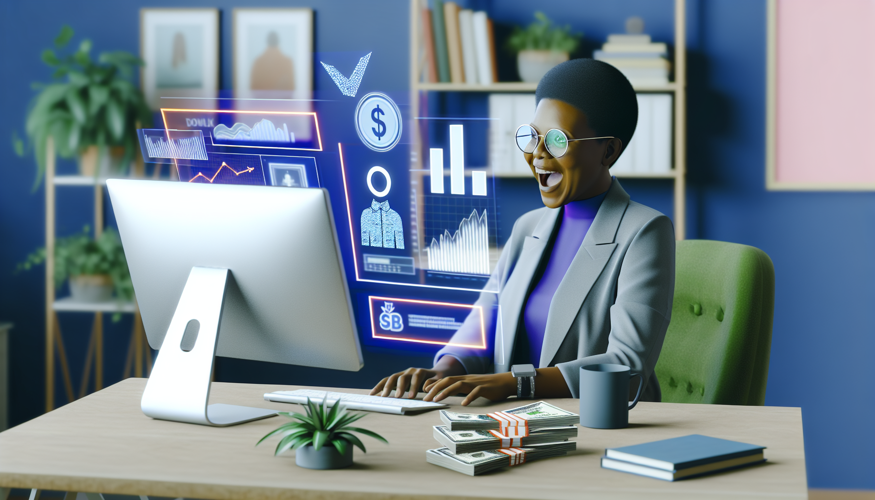 Visualisieren Sie eine digitale Szene, in der eine ordentlich gekleidete Person, möglicherweise eine kaukasische Frau, an ihrem Schreibtisch vor einem Computerbildschirm sitzt. Der Bildschirm zeigt Grafiken, Zahlen und Logos des Affiliate-Marketings, die das Konzept des Online-Geldverdienens repräsentieren. Sie ist völlig in ihre Arbeit vertieft und zeigt Aufregung und Konzentration. Neben dem Computer liegen Geldstapel, die Gewinne symbolisieren. Der Hintergrund könnte ihr Home-Office-Setup mit einigen Zimmerpflanzen, Büchern über Marketing und einer Kaffeetasse für einen realistischen Touch sein. Bitte halten Sie die Darstellung professionell und positiv.