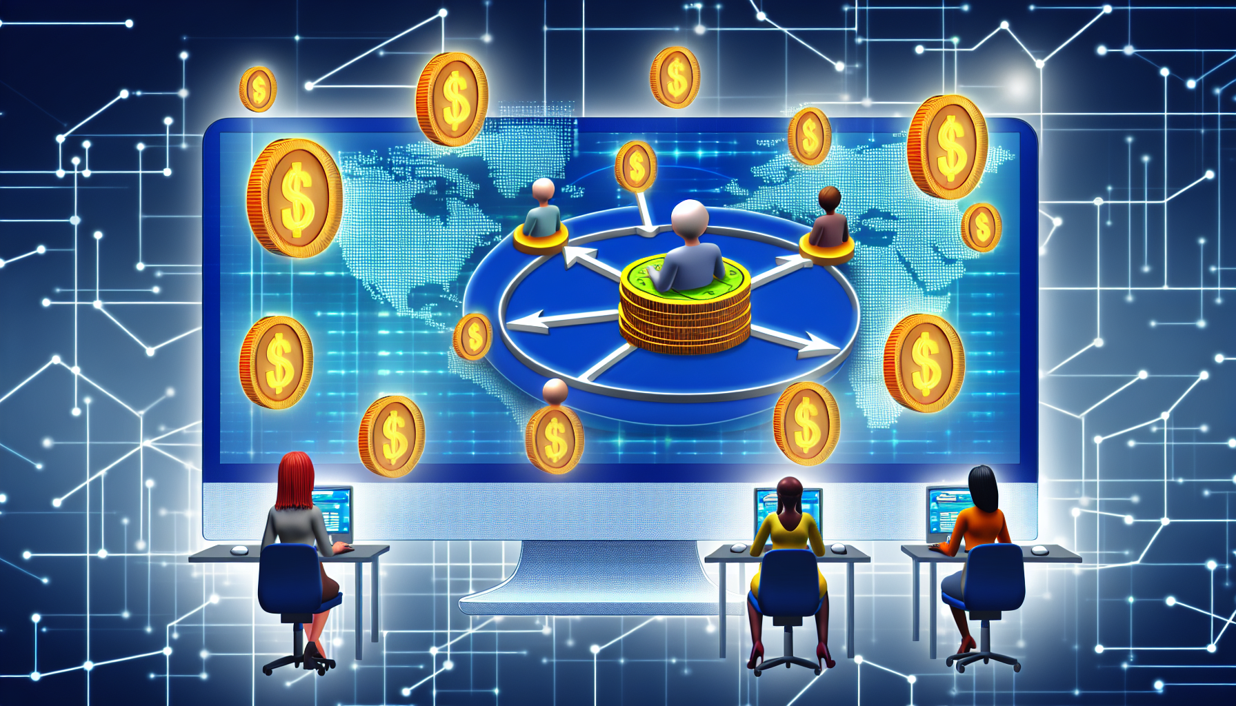 Eine Illustration, die das Konzept des Geldverdienens online durch Affiliate-Marketing darstellt. Sie könnte einen Computer zeigen, auf dem Diagramme den Prozess des Verkehrsflusses von verschiedenen Websites zu einem zentralen Hub anzeigen, dargestellt durch glänzende Münzen oder Dollar-Scheine, die vom Bildschirm schweben. Außerdem könnten Mini-Versionen von verschiedenen, geschlechterbalancierten Personen zu sehen sein, die fleißig an ihren Computern inmitten des globalen Netzwerks arbeiten.