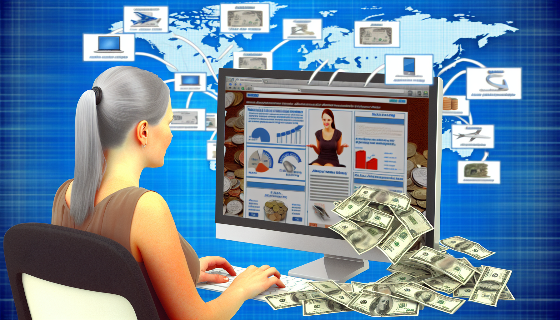Ein konzeptionelles Bild, das das Online-Geldverdienen durch Affiliate-Marketing darstellt. Eine kaukasische Frau sitzt vor einem großen Computerbildschirm und interagiert mit verschiedenen Webseiten. Einige dieser Seiten zeigen Zahlen und Diagramme zu Einnahmen, während andere eine Vielzahl von Produkten verschiedener Unternehmen präsentieren. Pfeile oder Links führen von diesen Seiten zu einem Haufen Münzen und Geldscheinen, die den Gewinn anzeigen. Der Hintergrund ist eine Montage globaler Wahrzeichen, die die weltweiten Möglichkeiten des Online-Affiliate-Marketings andeutet.