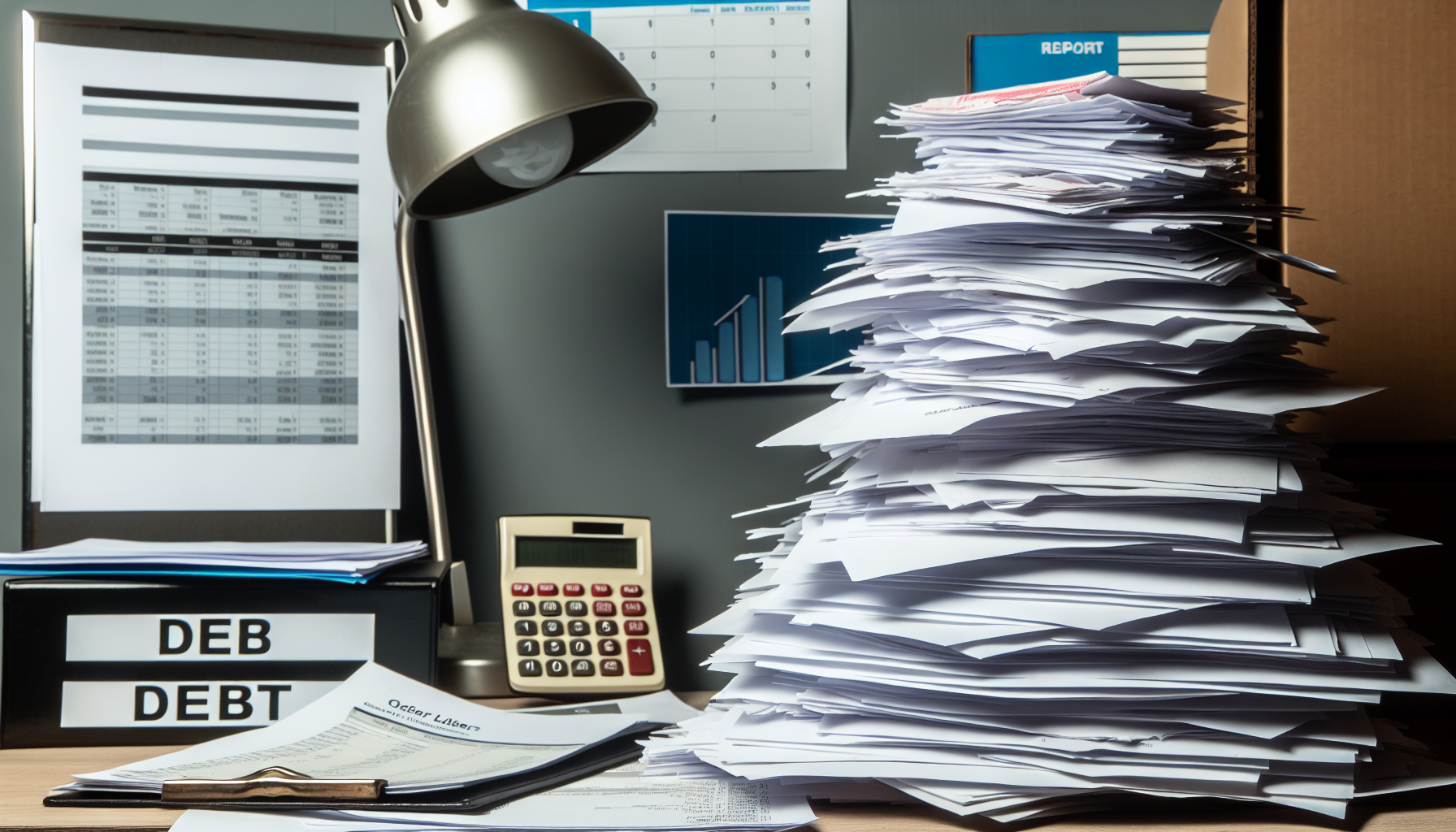 Ein bergartiger Haufen überfälliger Rechnungen und unbezahlter Rechnungen auf einem Schreibtisch, der schwere Schulden symbolisiert. Der Schreibtisch ist mit verschiedenen Finanzdokumenten, Berichtsordnern und einem Kalender überladen. Auf dem Papierstapel steht eine altmodische Lampe, deren Licht lange Schatten auf das Durcheinander wirft.