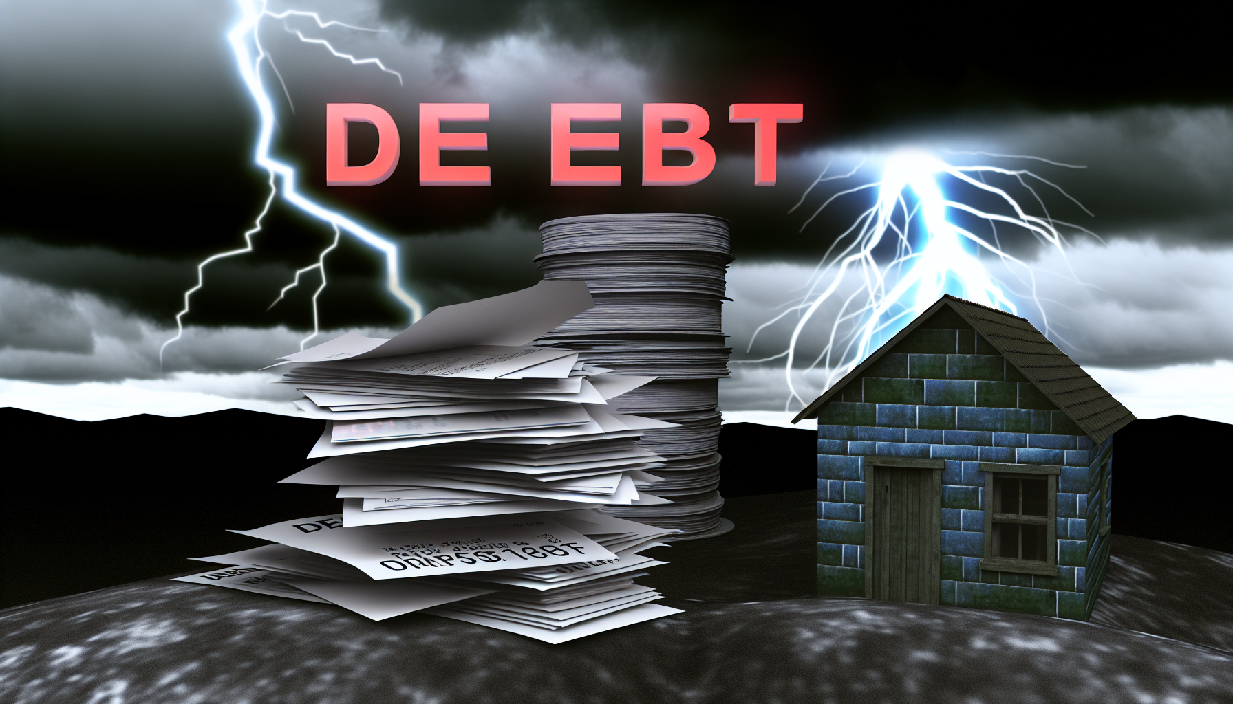 Eine visuelle Darstellung hoher Schulden. Eine düstere, dunkle Skyline mit Blitzschlägen, die finanzielle Krisen symbolisieren. Ein Stapel Rechnungen und unbezahlter Rechnungen türmt sich über einem kleinen, zerfallenden Haus. Die Worte 'Schulden' und 'Zinsen' schweben in den stürmischen Wolken darüber.