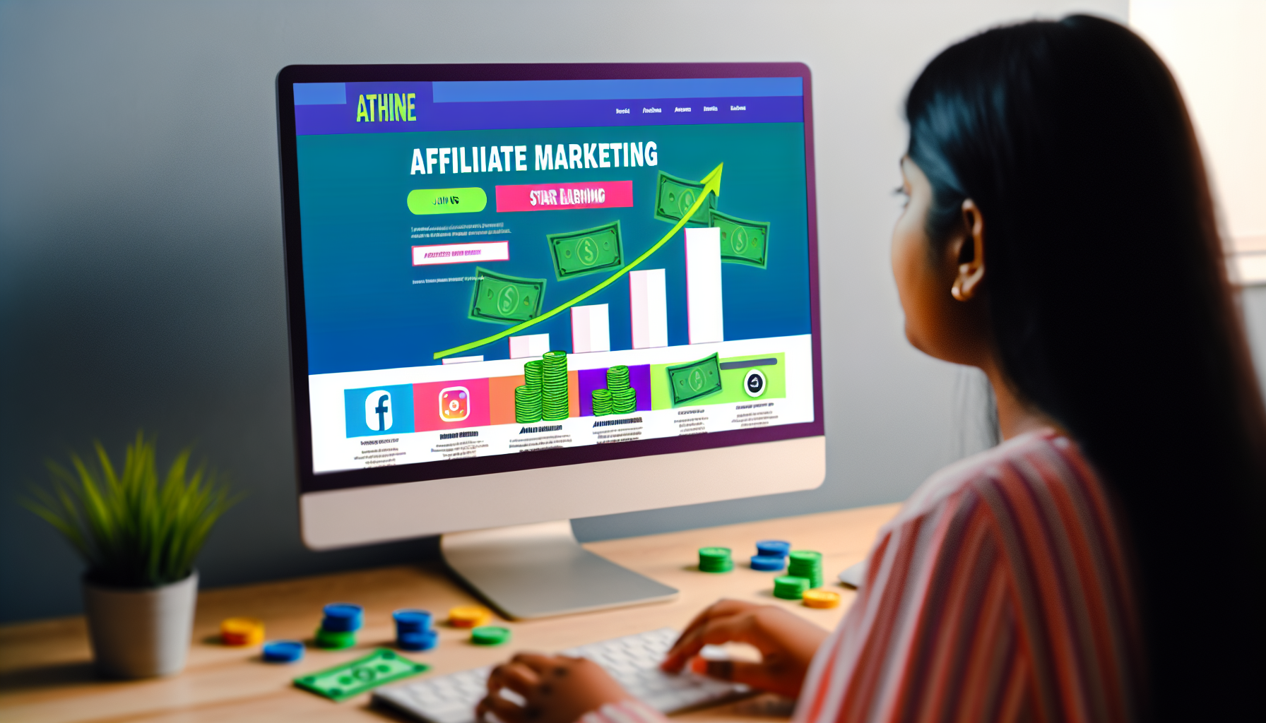 Ein Computerbildschirm zeigt eine Website mit dem Titel „Affiliate-Marketing“. An der Seite befindet sich ein Statistikdiagramm, das steigende Einkommenszahlen anzeigt und das Verdienstpotenzial symbolisiert. Das lebendige Farbschema soll die Zuschauer ansprechen, und es gibt eine Grafik eines klickbaren Buttons „Jetzt beitreten“ oder „Jetzt verdienen“. Der Bildschirm ist von verstreuten Münzen und Scheinen umgeben, um Online-Einnahmen, E-Commerce-Symbole und Social-Media-Icons darzustellen. Eine junge südasianische Frau sitzt an einem Schreibtisch, bedient diesen Computer und ist vertieft in die Navigation auf der Website.