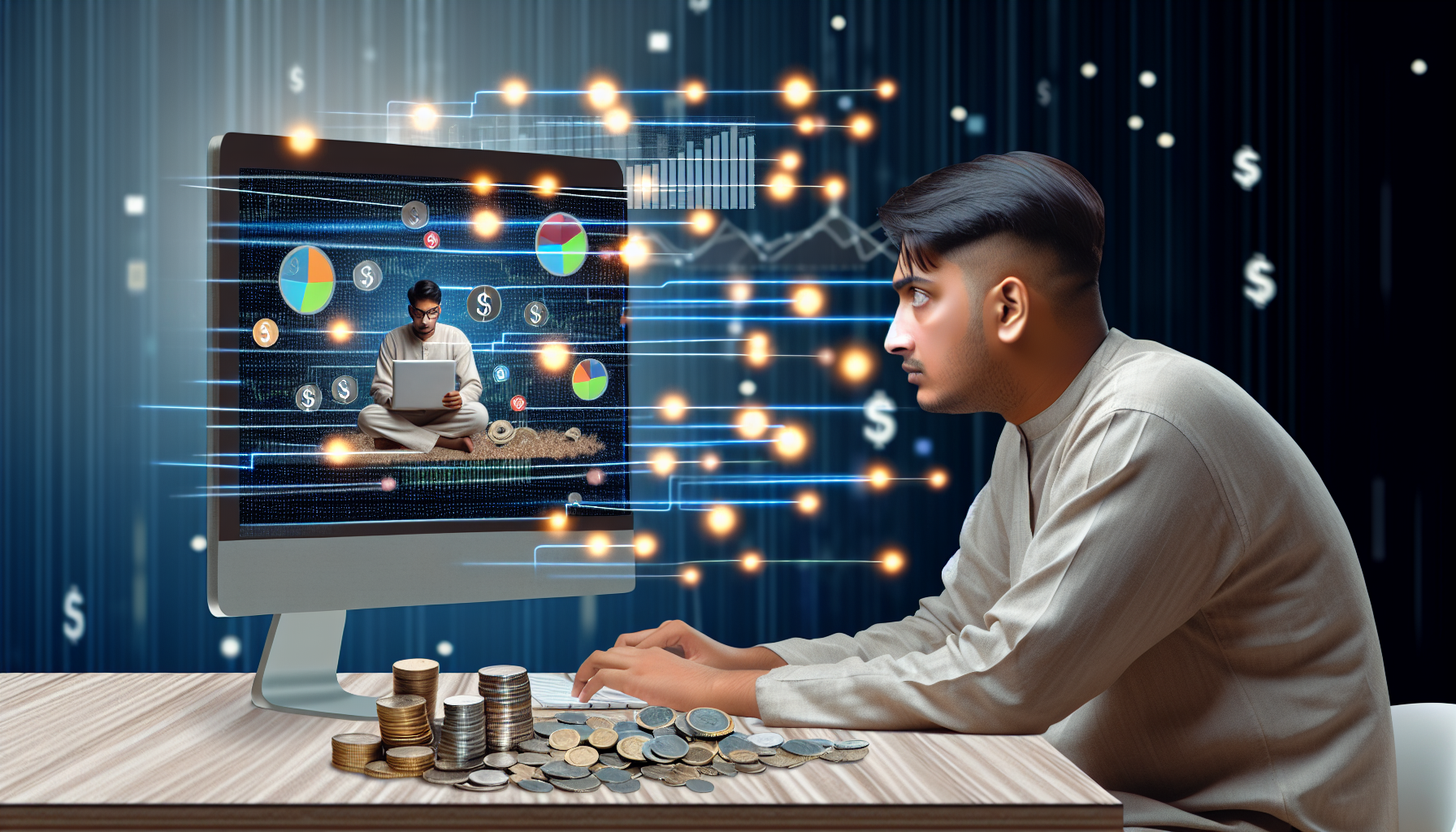 Stellen Sie eine Szene dar, die das Konzept des Geldverdienens online durch Affiliate-Marketing veranschaulicht. Illustrieren Sie einen männlichen südasiatischen Individuum, der an einem Schreibtisch sitzt und sich konzentriert auf seinen Computerbildschirm, der verschiedene Grafiken zeigt, die den Fortschritt seiner Online-Vorhaben anzeigen. Verwenden Sie neutrale Farbtöne und eine Vielzahl von Anzeigen auf dem Computerbildschirm, die die verschiedenen angeschlossenen Unternehmen repräsentieren. Neben dem Computer zeigen Sie einen Stapel metallischer Münzen und verstreutes Papiergeld, das das Einkommen aus seinen Marketingbemühungen symbolisiert. Heben Sie die digitale Atmosphäre mit einem leuchtenden Computerbildschirm und Glitzern von digitalen Medien hervor, die aus dem Bildschirm erscheinen.
