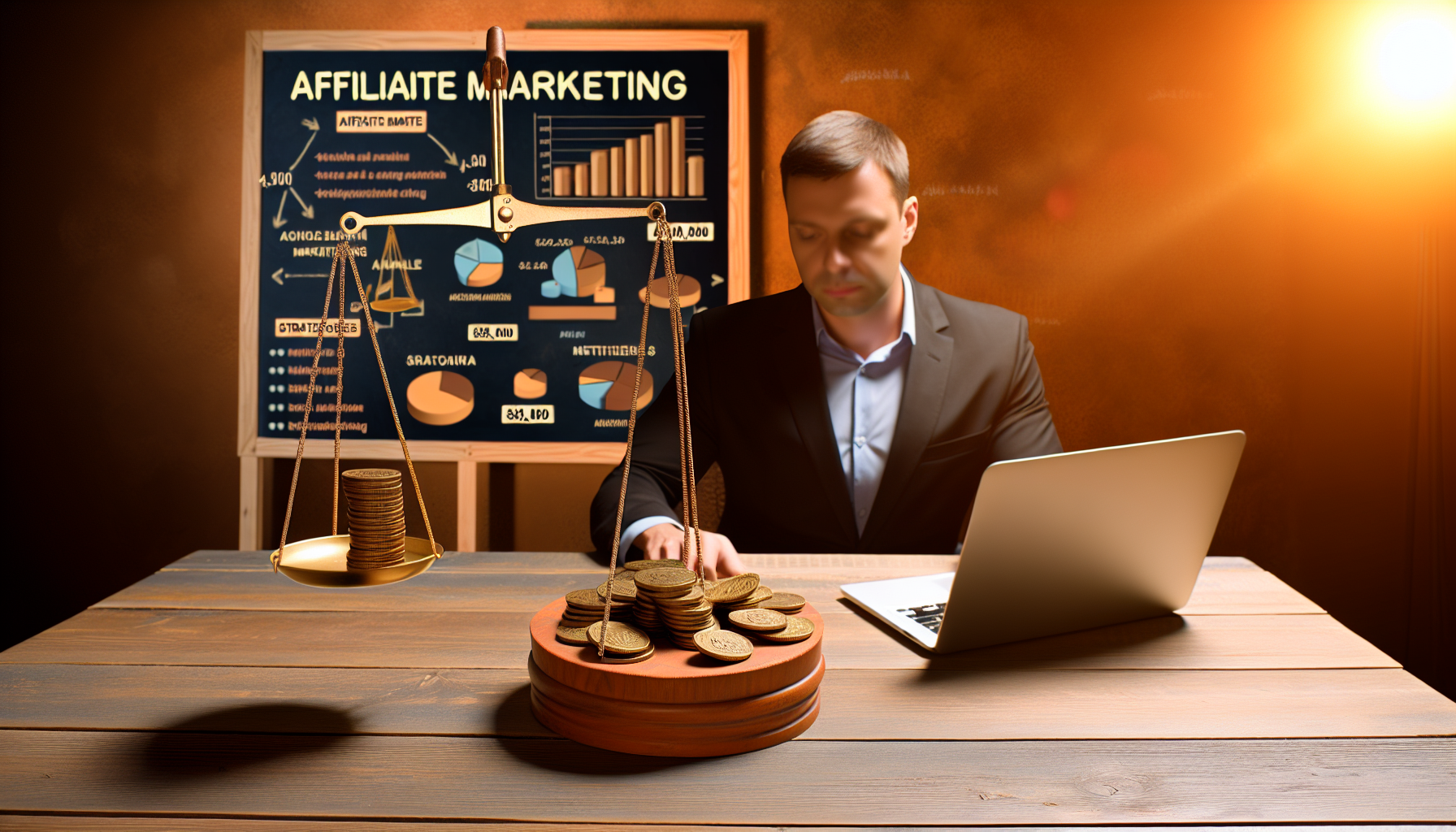 Eine metaphorische Darstellung des Geldverdienens online durch Affiliate-Marketing. Zeigen Sie einen kaukasischen Mann, der an einem Holztisch sitzt, mit einem Laptop, der Grafiken und Webseitendaten anzeigt. Neben ihm eine Waage, auf der eine Seite mit Goldmünzen gefüllt ist, die mit 'Affiliate Marketing' beschriftet sind. An der Wand hinter ihm ein schwarzes Brett, das Strategien und Zahlen im Zusammenhang mit Online-Marketing zeigt. Die Beleuchtung ist warm und die Atmosphäre ist ruhig.
