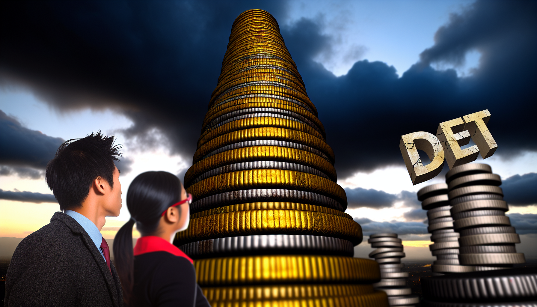Eine Visualisierung von hoher Verschuldung. Diese zeigt einen massiven, hoch aufragenden Stapel aus Gold- und Silbermünzen, der in den Himmel ragt und großen Reichtum, aber auch erhebliche Schulden symbolisiert. Die Münzen sind abgenutzt und alt, mit Rissen und Zeichen der Abnutzung. Der Himmel ist dunkel und stürmisch, was die bedrohliche Natur der Schulden widerspiegelt. Im Vordergrund stehen ein Mann asiatischer Abstammung und eine Frau schwarzer Abstammung, beide als Studenten gekleidet, und blicken mit besorgten und ängstlichen Gesichtsausdrücken zu dem riesigen Turm empor.