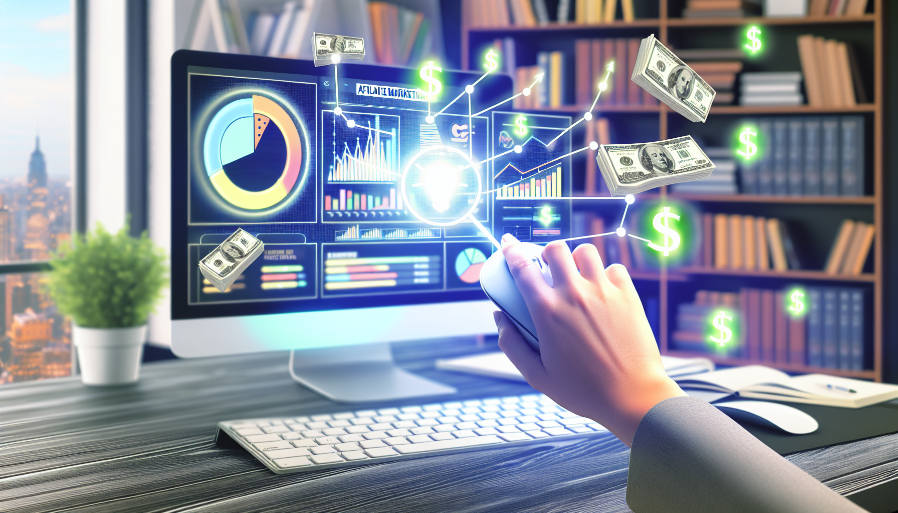 Konzeptionelle Darstellung des Geldverdienens online durch Affiliate-Marketing. Zeigen Sie einen modernen und eleganten Computerbildschirm, der auf ein helles und lebhaftes Dashboard geöffnet ist, das Marketingdiagramme, Grafiken und Fortschritte anzeigt. Dazu eine Hand, die eine Maus benutzt, und Symbole von Geld, die aus dem Bildschirm herauskommen und Einkommen signalisieren. Im Hintergrund befinden sich Bücherregale, die mit verschiedenen Marketing- und Finanzliteraturen gefüllt sind. Halten Sie die Umgebung in einem gut beleuchteten Büro mit Blick auf eine pulsierende Stadtlandschaft durch ein Fenster.