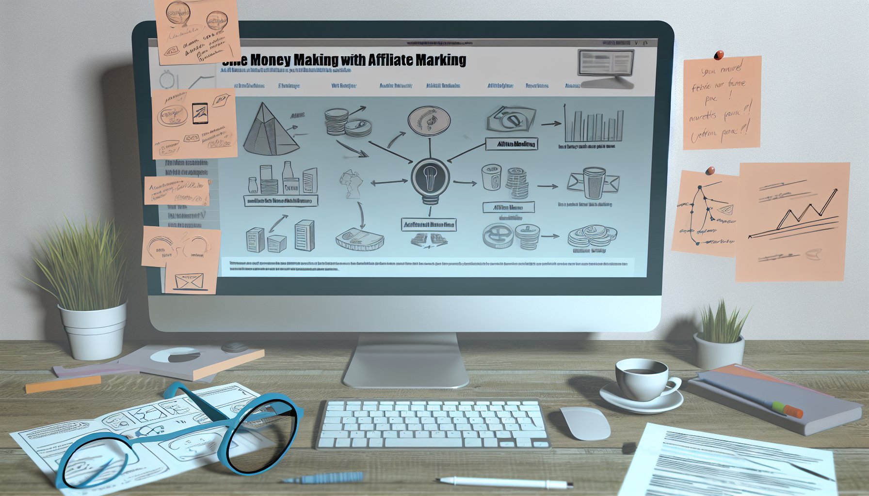 Eine detaillierte Ansicht eines Computerbildschirms, der eine Website zum Thema Affiliate-Marketing anzeigt. Auf dem Bildschirm sind verschiedene Diagramme und Grafiken zu sehen, die das potenzielle Einkommen aus Affiliate-Verkäufen anzeigen. Es gibt auch eine Reihe von Symbolen, die verschiedene Produktkategorien für Affiliate-Marketing repräsentieren, wie Elektronik, Schönheitsprodukte und Bücher. Zusätzlich ist ein Textüberlagerung mit der Aufschrift „Online Geld verdienen mit Affiliate-Marketing“ zu sehen. Rund um den Computer liegen einige Zettel mit kritzelten Ideen, eine Tasse Kaffee und eine Brille, die auf eine Arbeitsumgebung im Entstehen hinweisen.