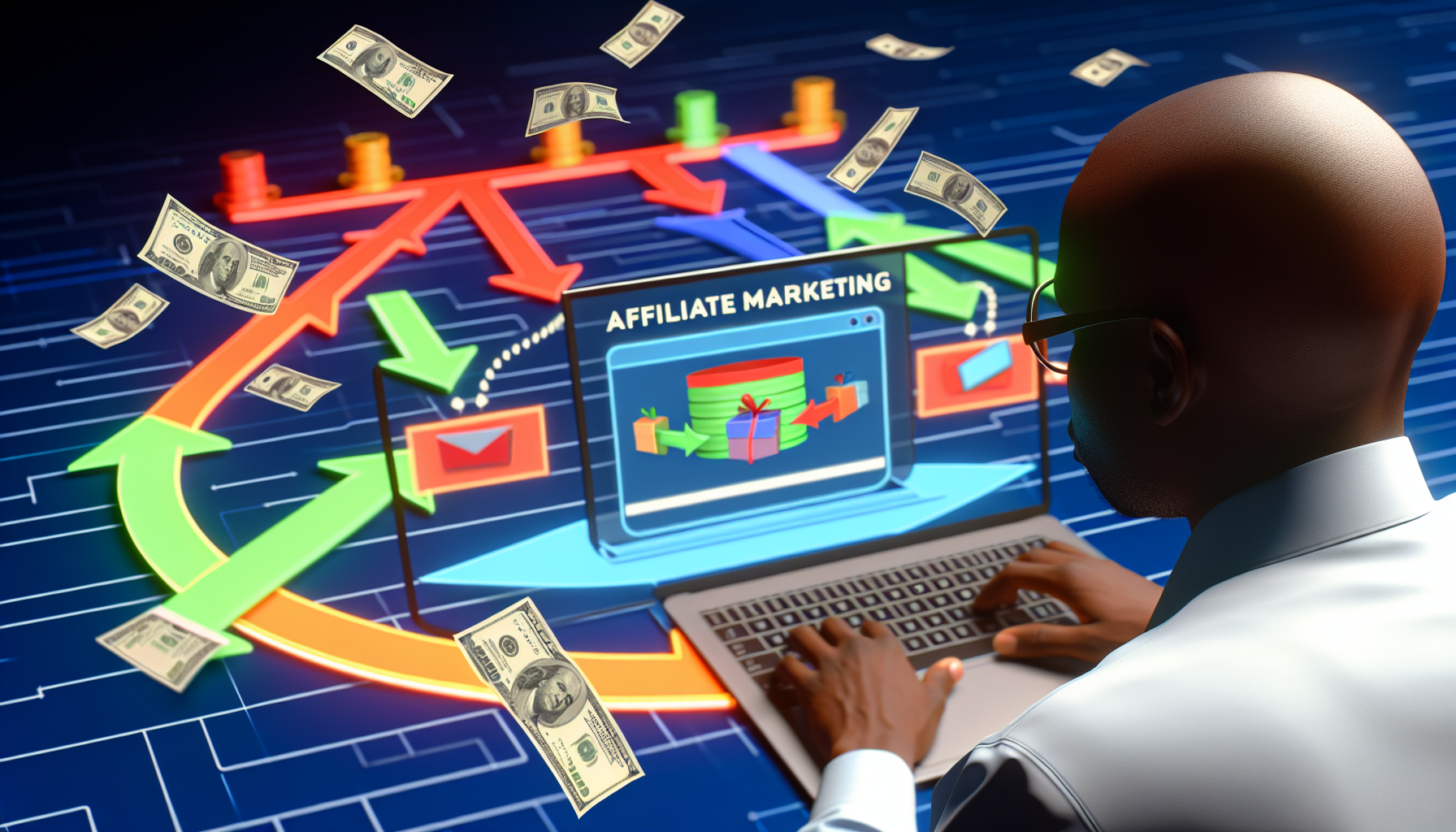 Visualisieren Sie das Konzept des Geldverdienens online durch Affiliate-Marketing. Stellen Sie eine digitale Illustration dar, in der ein schwarzer Mann an seinem Laptop arbeitet. Auf dem Bildschirm ist ein Diagramm zu sehen, das zeigt, wie Affiliate-Marketing funktioniert, mit bunten Pfeilen, die von verschiedenen Produkten zu unterschiedlichen Websites führen. Diese repräsentieren die Verbindungen zwischen Affiliate-Händlern und Websites, die das Produkt bewerben. Dollarnoten fallen von der virtuellen Plattform, was die Einnahmen aus dem Affiliate-Marketing-Prozess symbolisiert.