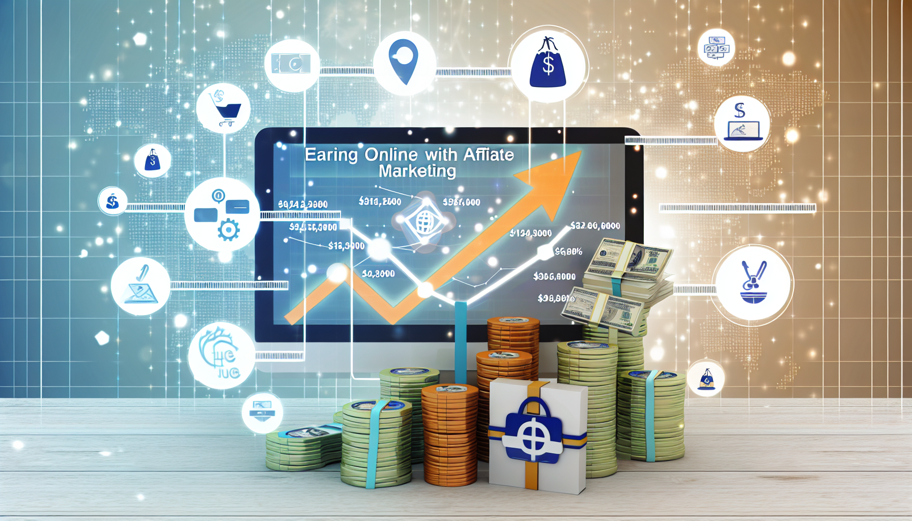 Ein Bild, das das Konzept des Geldverdienens online durch Affiliate-Marketing veranschaulicht. Es sollte Symbole eines Computerbildschirms enthalten, der verschiedene Produkte mit angehängten Provisionssätzen anzeigt, um das Affiliate-Marketing zu kennzeichnen. Ein Diagramm sollte das steigende Einkommen zeigen, und verschiedene Währungen sollten digital gestapelt oder interagierend dargestellt werden, um Online-Transaktionen zu kennzeichnen. Eine Sprechblase oder ein Slogan mit dem Text 'Online Geld verdienen mit Affiliate-Marketing' sollte prominent im Bild angezeigt werden. Der Hintergrund sollte hell sein und der Gesamteindruck sollte optimistisch und ermutigend wirken.