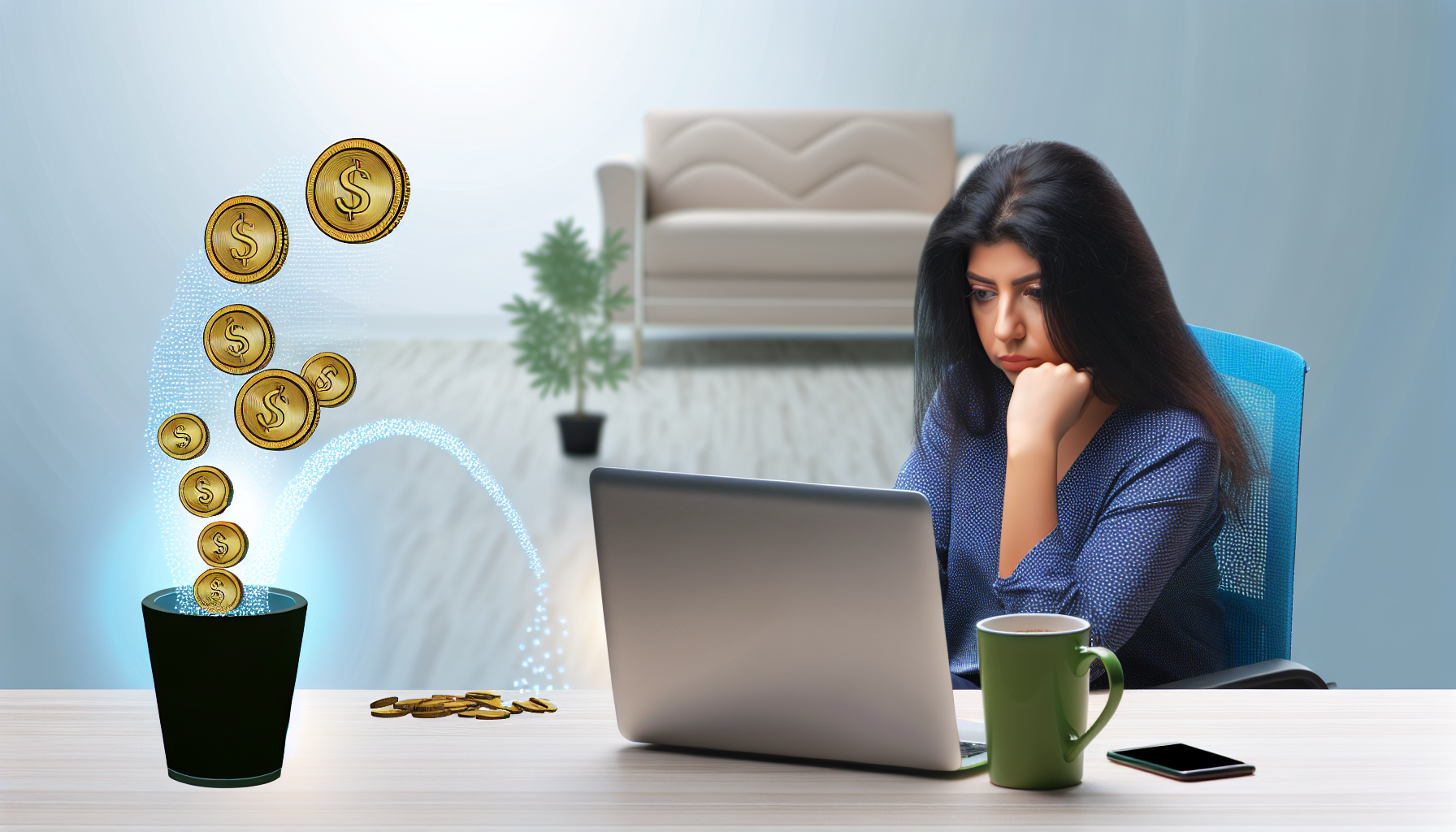 Eine Illustration, die das Konzept des Geldverdienens im Internet veranschaulicht. Eine junge Frau aus dem Nahen Osten sitzt auf einem Stuhl an einem Schreibtisch in einem Homeoffice und konzentriert sich intensiv auf ihren Laptop-Bildschirm. Neben ihrem Laptop steht eine Kaffeetasse und eine kleine Pflanze, und auf dem Bildschirm strömen digitale Münzen heraus. Die Münzen symbolisieren Online-Einnahmen und fließen in eine digitale Brieftasche, die die Einnahmen der Frau aus ihren Online-Aktivitäten darstellt.