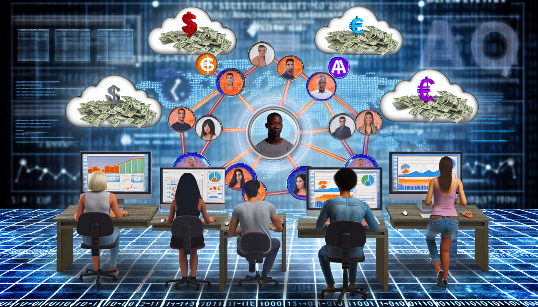 Ein Bild, das Affiliate-Marketing als Möglichkeit darstellt, online Geld zu verdienen. Die Szene ist vor einem digitalen Hintergrund platziert, der die Online-Welt repräsentiert. Im Vordergrund arbeiten einige vielfältige Personen an ihren Computern, deren Bildschirme Grafiken, Links und Geldsymbole zeigen. Zusätzlich gibt es ein zentrales 'Hub', von dem mehrere Linien wie ein Netz abzweigen, was die Verbindungen und Beziehungen im Affiliate-Marketing symbolisiert. Die beteiligten Personen sind multiethnisch, darunter ein schwarzer Mann, eine hispanische Frau und ein südasiatischer Mann. Wolken aus digitalem Geld schweben über ihren Köpfen, um das Online-Einkommen zu verdeutlichen. Insbesondere gibt es eine Mischung aus verschiedenen globalen Währungen wie Dollar, Euro, Pfund und Bitcoin. Es sind keine realen Marken oder Logos sichtbar.