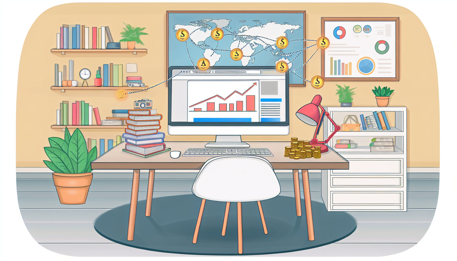 Eine illustrierte Szene, die mit der Generierung von Online-Einkommen durch Affiliate-Marketing verbunden ist. Stellen Sie sich einen breiten Schreibtisch vor, auf dem ein Computerbildschirm zu sehen ist, der eine Website zur Produktpromotion anzeigt. Auf dem Schreibtisch befinden sich visuelle Symbole für Erfolg, wie ein wachsendes Diagramm, ein Stapel Münzen und eine gut organisierte To-Do-Liste. Dahinter steht ein Bücherregal mit Büchern über digitales Marketing und Unternehmertum. An der Wand hängt eine Weltkarte, die mit Fäden an mehreren Standorten verbunden ist und eine globale Reichweite anzeigt. Es ist eine helle und gemütliche Home-Office-Szene, die stetiges Wachstum und Erfolg signalisiert.